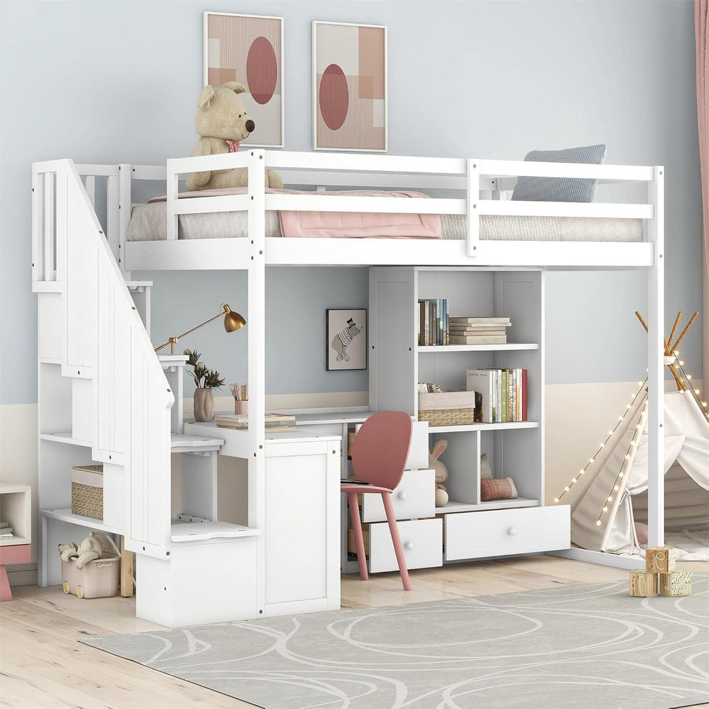 MERITLINE Twin Size Loft Bed with L-Shaped Desk,Storage Staircase,and Guardrails,Wood High Loft Bed with Storage Bookcase and 4 Drawers,for Adults, No Box Spring Needed (White)