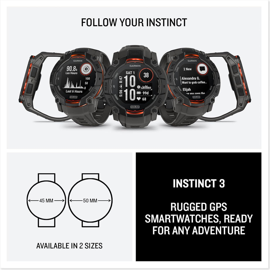 Garmin Instinct® 3 50mm, Solar Charged Display, Rugged Outdoor GPS Smartwatch, Metal-Reinforced Bezel, Built-in Flashlight, Black with Charcoal Band