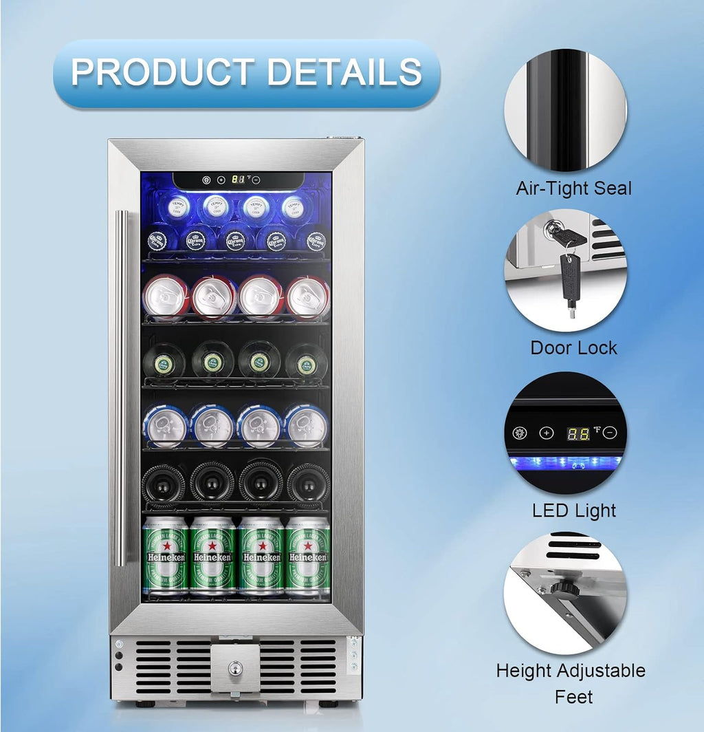 Antarctic Star 5.1 Cu.Ft Beverage Refrigerator,166 Can Wine Cooler,Low Noise,Transparent Glass Door, Efficient Cooling System with Safety Lock, for Home, Bar, Office, 24 Inch, Stainless Steel Silver