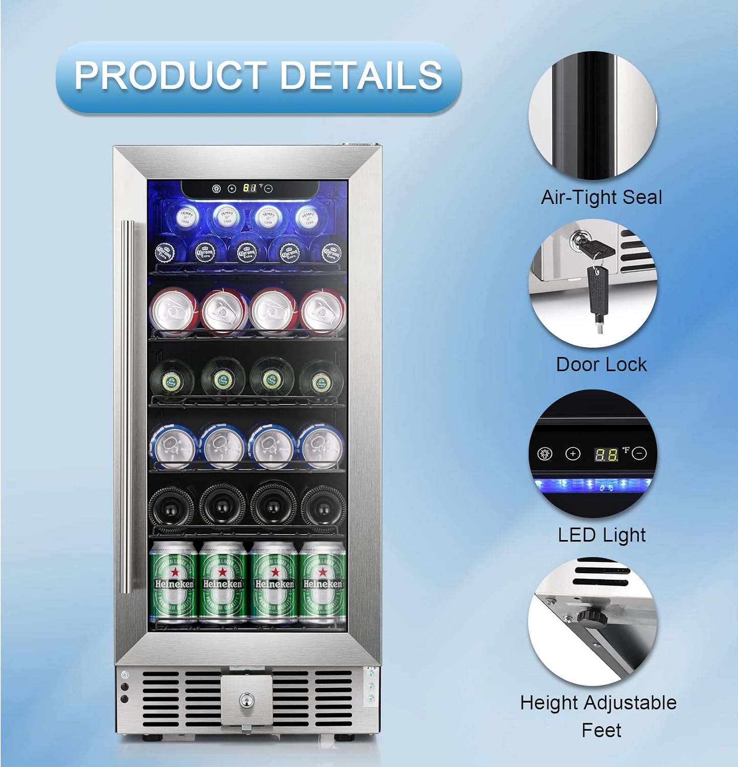 Antarctic Star 5.1 Cu.Ft Beverage Refrigerator,166 Can Wine Cooler,Low Noise,Transparent Glass Door, Efficient Cooling System with Safety Lock, for Home, Bar, Office, 24 Inch, Stainless Steel Silver