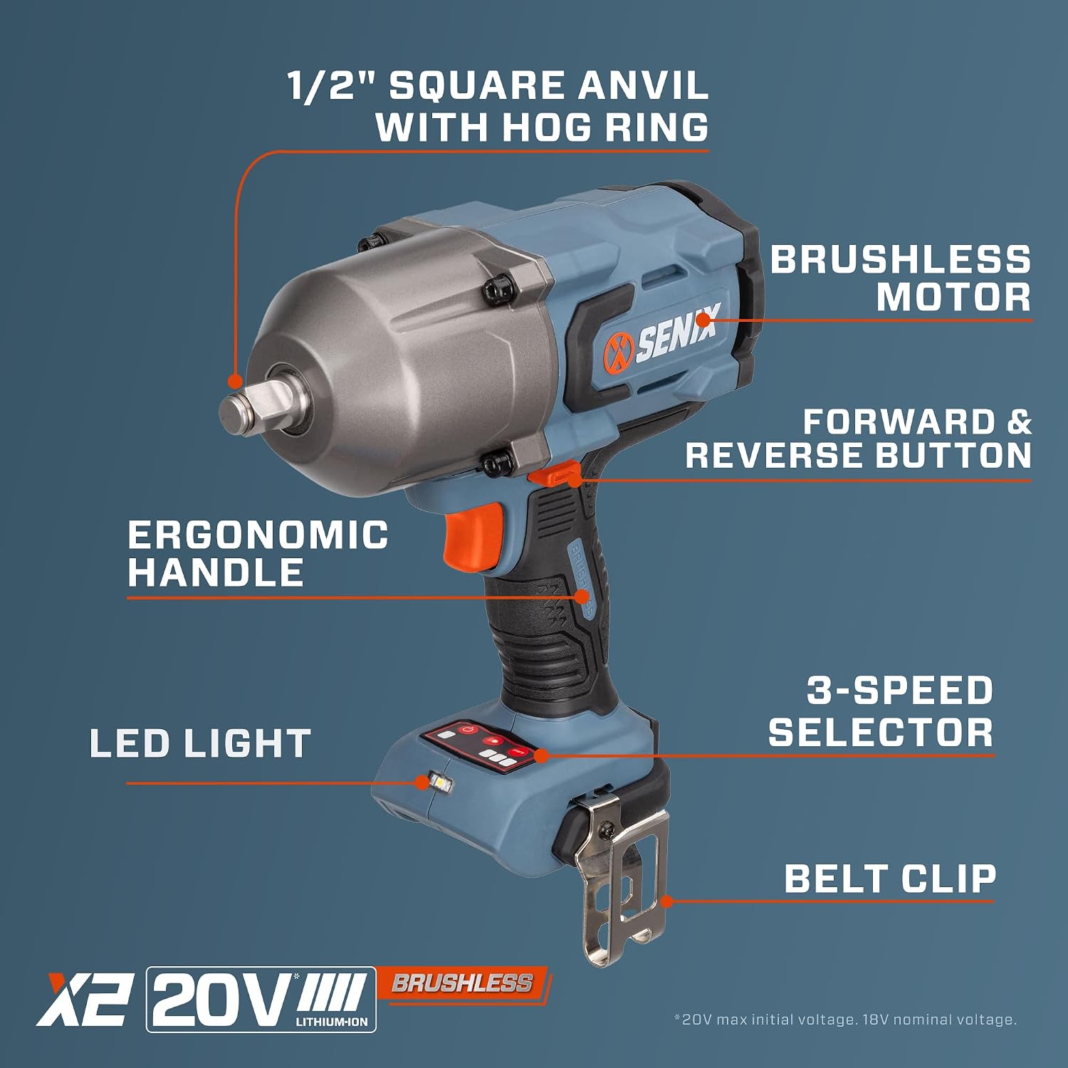 SENIX 1/2'' Cordless Impact Wrench, Compatible with X2 20 Volt Max* Battery, Brushless Motor, 750 ft-lbs Max Torque, 1800rpm Max, 3-Speed, with Belt Clip, Tool Only, Battery Not Included (PDWX2-M3-0)