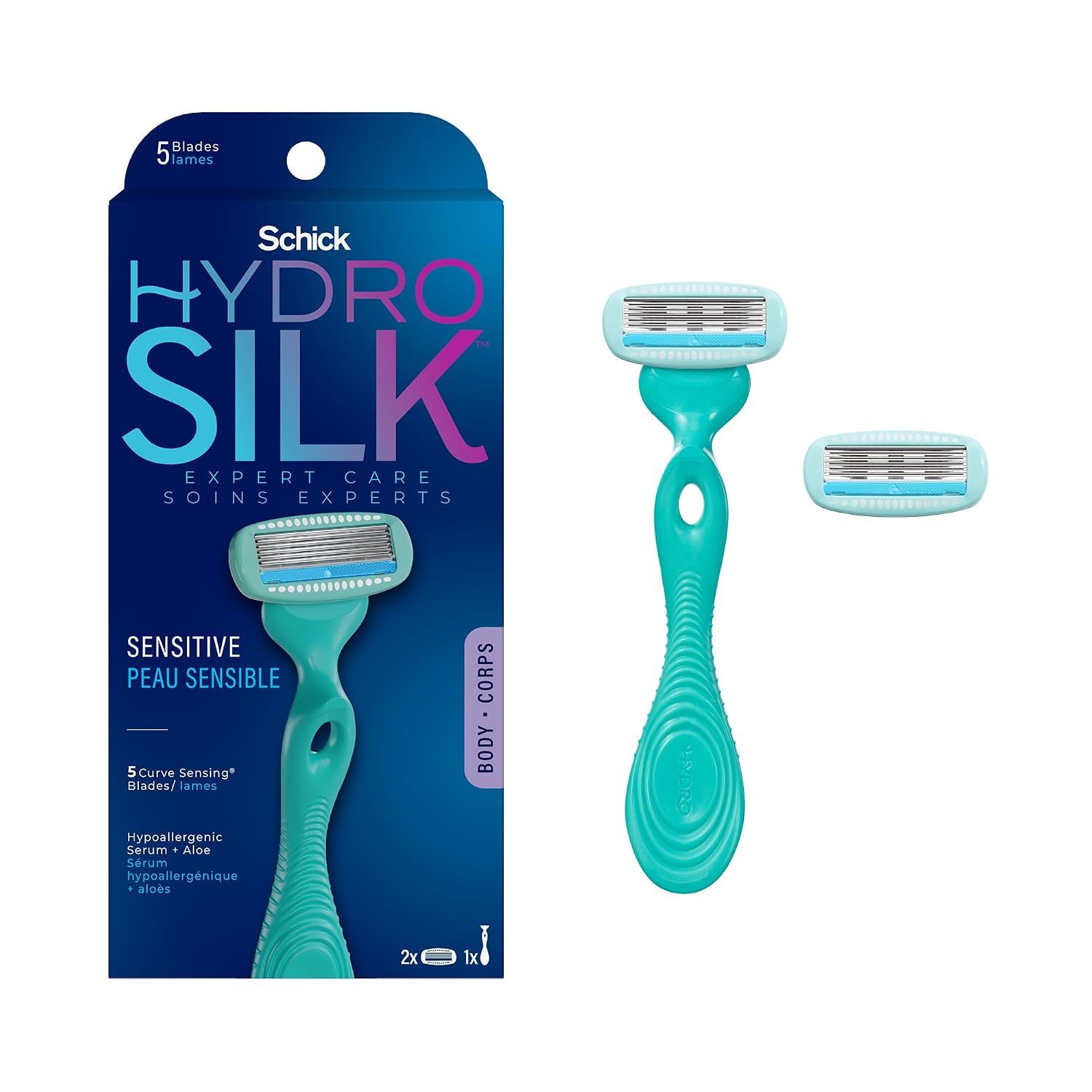 Schick Hydro Silk Sensitive Women's Razor | 5-Blade Razors for Women Sensitive Skin | Womens Razors-Sensitive Skin-| 1 Handle & 2 Razor Blade Refills,(Pack of 12)