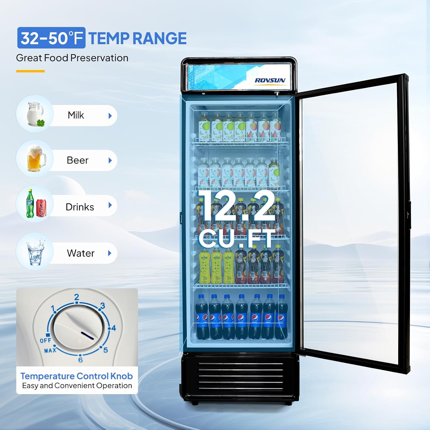 ROVSUN 12.5 Cu.Ft Commercial Beverage Refrigerator ETL NSF, Merchandiser Refrigerator Display Refrigerator Beverage Cooler Glass Door Fridge w/Adjustable Shelves LED Light for Bar Restaurant Cafe