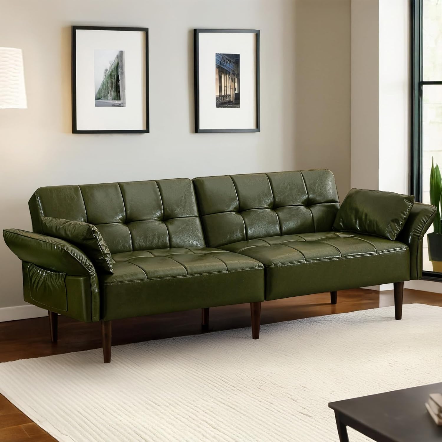 HALLYBEE Futon Sofa Bed, Sleeper Sofa, Small Couch with Storage Adjustable Armrests Pillows, Faux Leather Loveseat, Mid Century Modern Couches for Living Room, Bedroom, Apartment, Olive Green