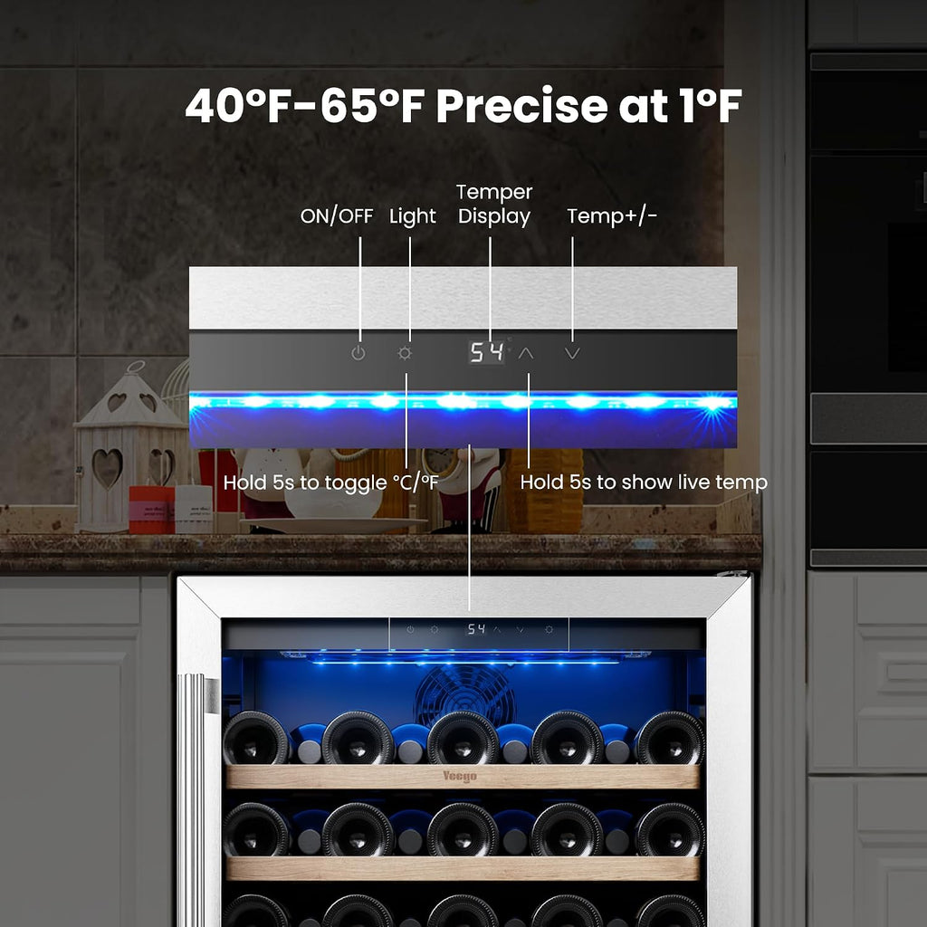 Yeego Wine Fridge Cooler - 24 Inch Wine Fridge Hold 52 Bottles, 40-65°F Wine Refrigerator Glass Door, Built in, Freestanding Under Counter Fridge for Beer Soda Drink Home Bar Office(5.12 Cu.ft)