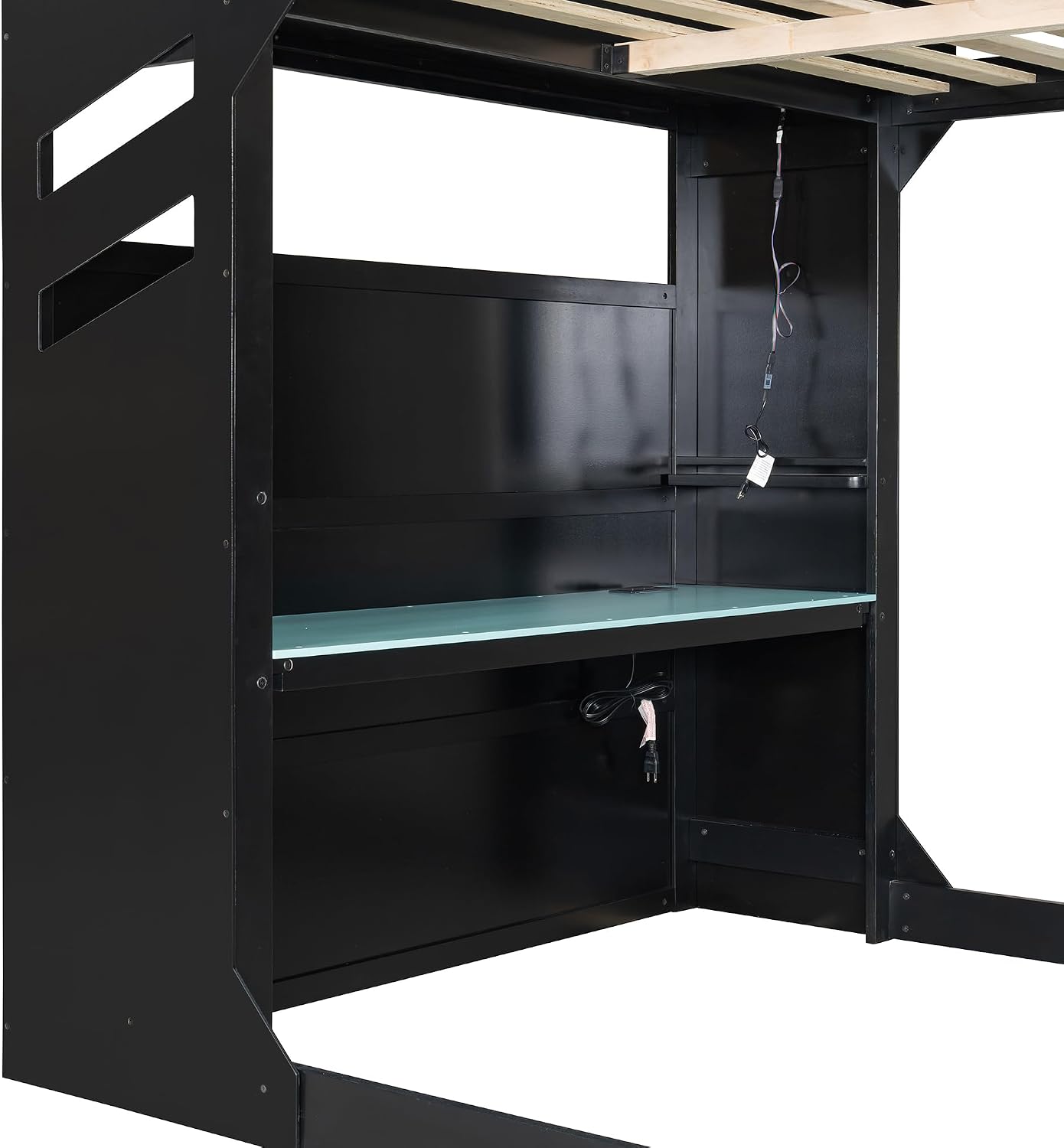 Merax Wood Loft Bed with Height-Adjustable Desk,Drawers,Storage Compartments,Hanging Rod and RGB Lights, Full Size, Blue
