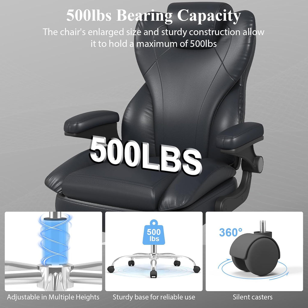 Office Desk Chair, Executive Leather Office Chair, High Back Ergonomic Home Desk Chair with Padded Flip-up Arms, Big and Tall Computer Chair with Rocking Function, 360°Swivel Free, Black