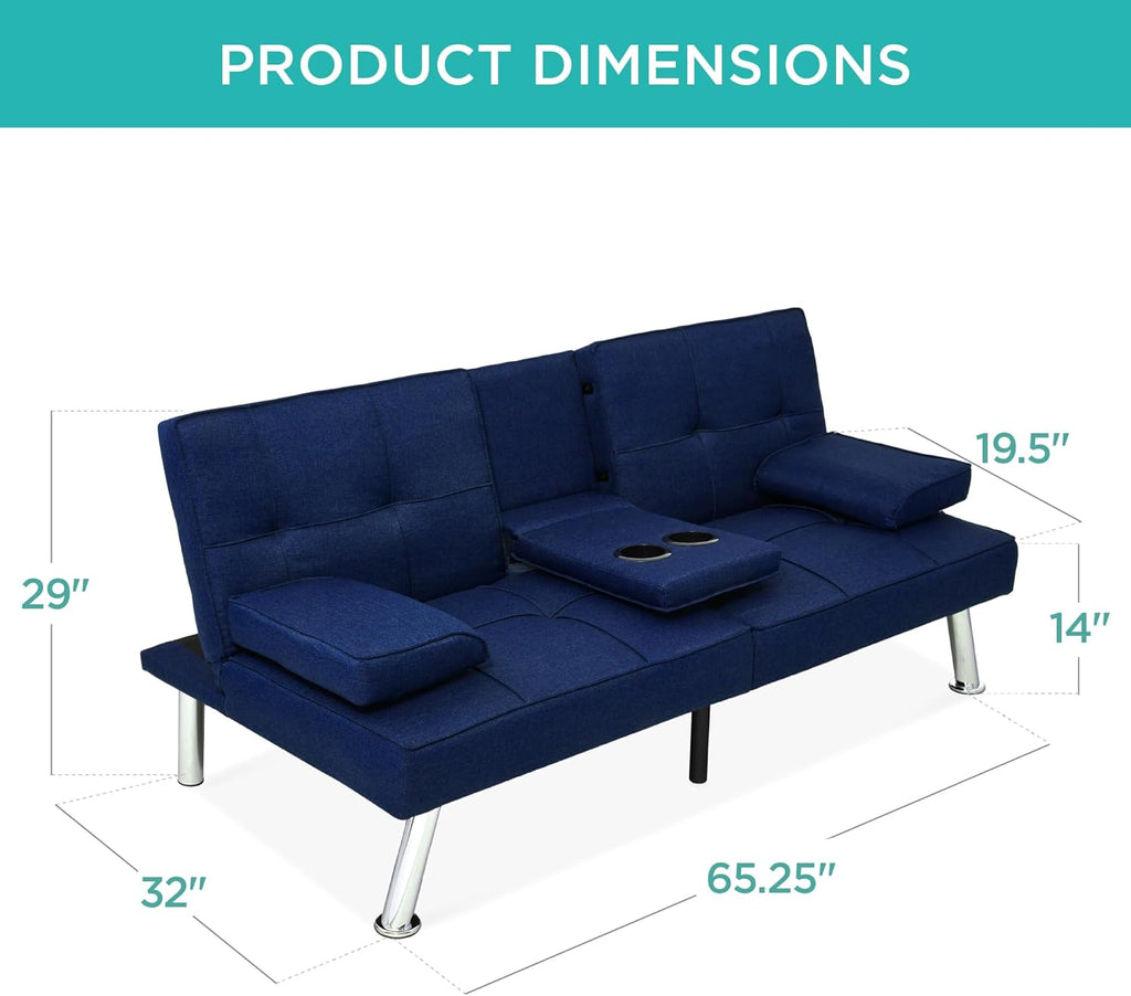 Best Choice Products Linen Modern Folding Futon, Reclining Sofa Bed for Apartment, Dorm w/Removable Armrests, 2 Cupholders - Dark Blue