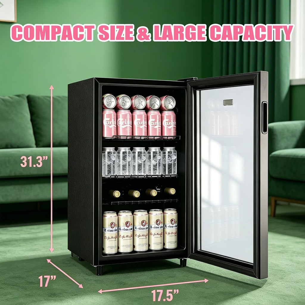 WANAI Beverage Refrigerator and Cooler with Glass Door - 120 Cans Capacity, 3.5 Cu.ft Small Beer Fridge for Drinks, Soda, Wine - Mini Cooler with 7 Adjustable Temperature Control