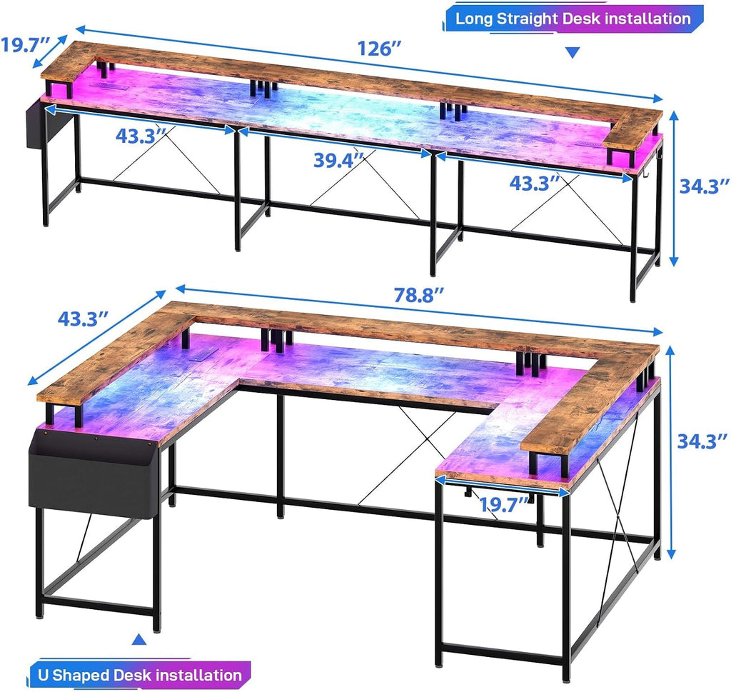 126' U Shaped Gaming Desk, Power Outlets & USB Ports, Reversible Corner Computer Desk with Monitor Stand, RGB LED Lights, Storage Shelves & Bag, Gaming Desk for Home Office, Tiger Stripes, Rustic Brow