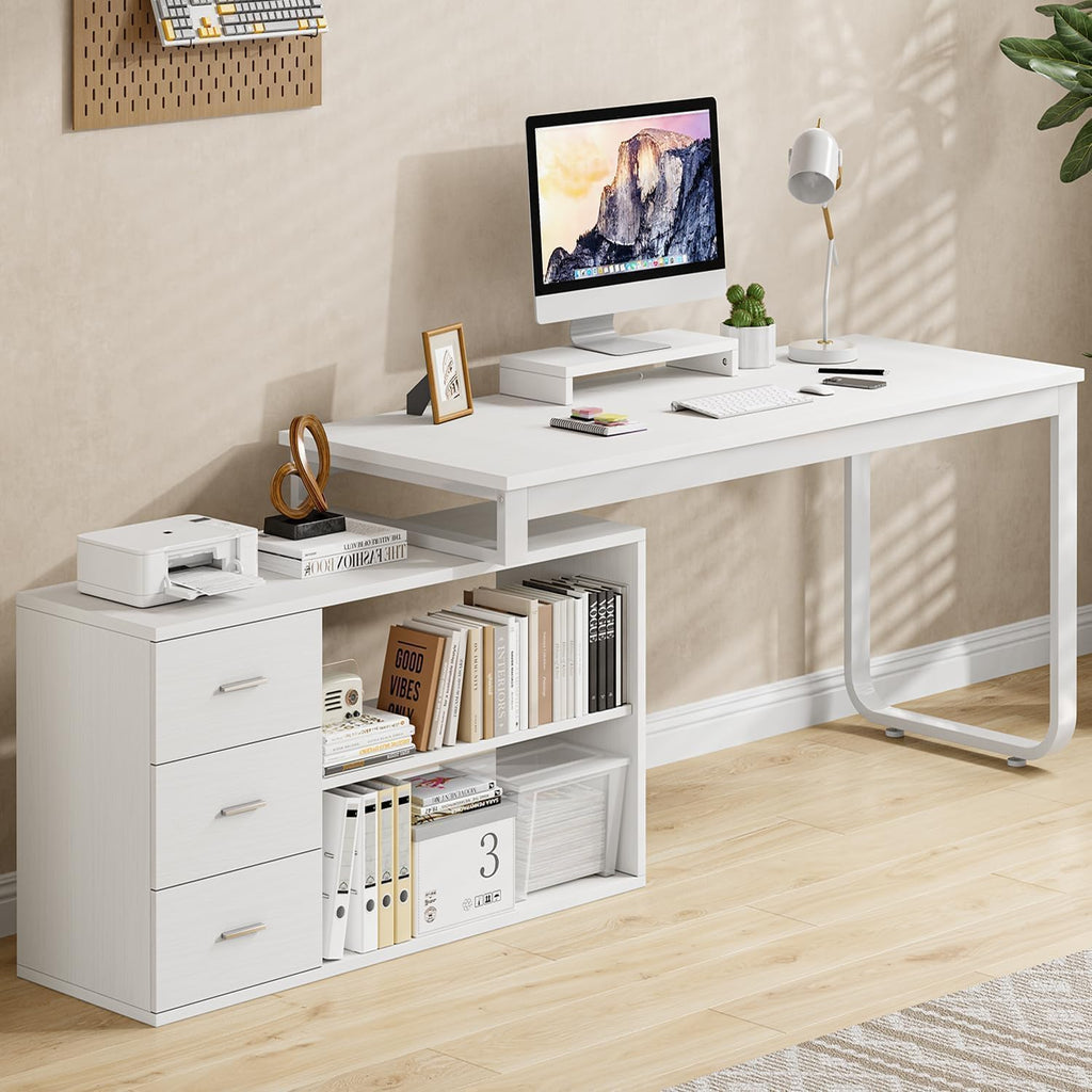 MaverickFurni 55' White Desk with Drawers and Shelves, Reversible L Shaped Desk with Monitor Stand, Home Office Desk with Storage for Work Writing Study, White