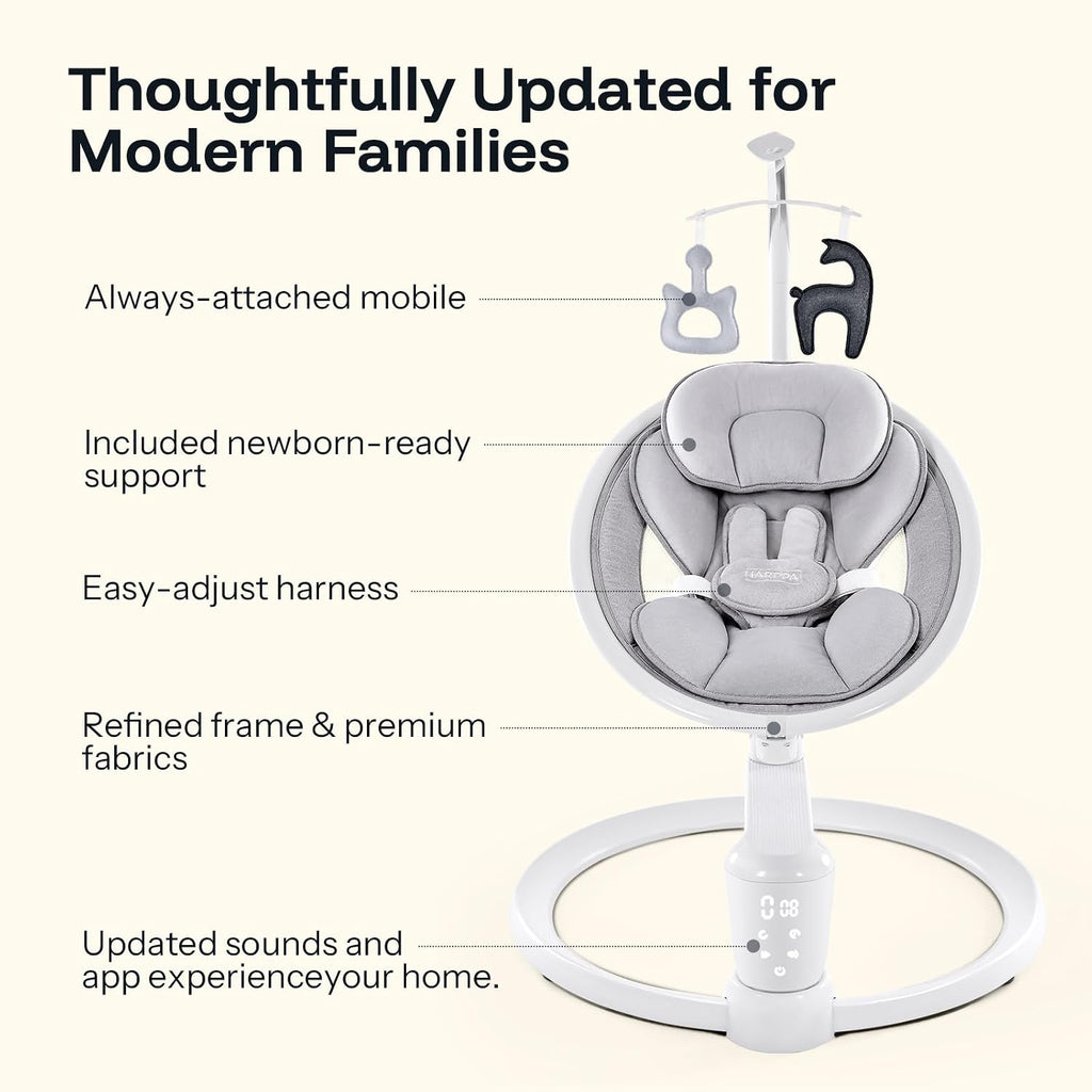 HARPPA Weddell Plus Electric Baby Swings for Infants and Newborns, Eye-Level Baby Swing 5 Speeds and Remote Control 10 Built-in Melodies, 2 Seat Positions & 180° Rotation for Indoor Use, Light Gray
