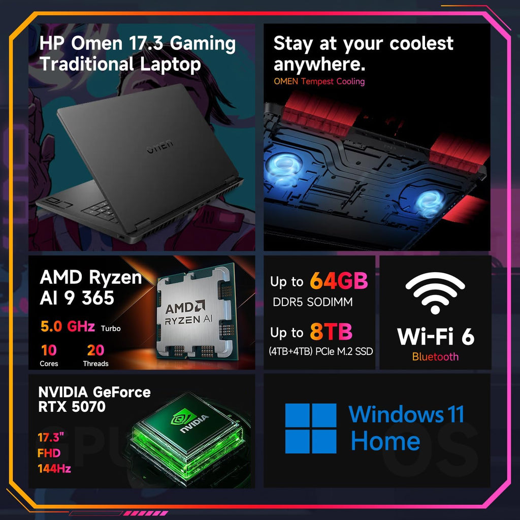 HP OMEN 17.3 RTX 5070 AI Gaming Laptop, 17.3' FHD 144Hz, AMD Ryzen AI 9 365, NVIDIA RTX 5070, 32GB DDR5 RAM, 1TB SSD, RGB Backlit KB, Low Blue Light, Bundle with Thunderobot 7 in-1 USB-C Hub