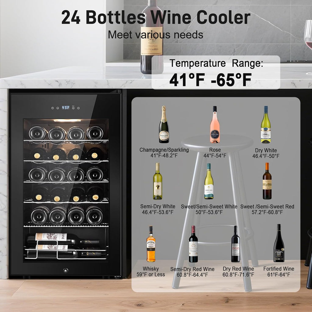 Tylza 24 Bottles Wine Fridge, Wine Cellar with Powerful Compressor, LED Touchscreen, Low-E Tempered Glass Door, Lock, Wine Cooler Refrigerator for Red, White, Champagne or Sparkling Wine, Black