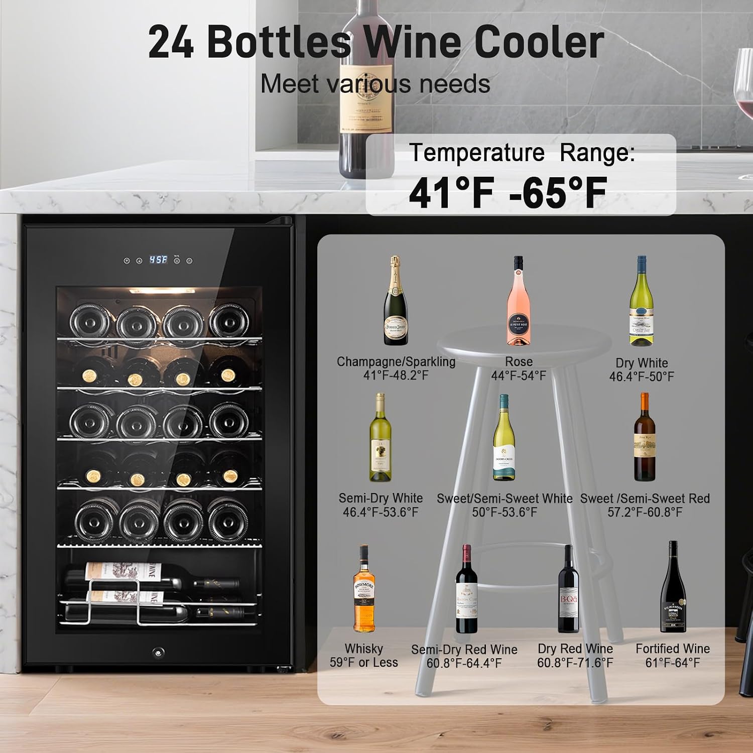 Tylza 24 Bottles Wine Fridge, Wine Cellar with Powerful Compressor, LED Touchscreen, Low-E Tempered Glass Door, Lock, Wine Cooler Refrigerator for Red, White, Champagne or Sparkling Wine, Black
