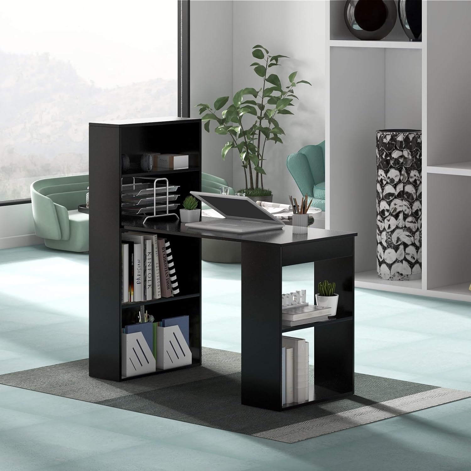 Giantex 48 Inch Computer Desk with Bookshelf, 3-in-1 Home Office Desk with 4-Tier Bookcase & CPU Stand, Space-Saving Reversible Writing Desk Work Table for Bedroom, Study Room, Office (Black)