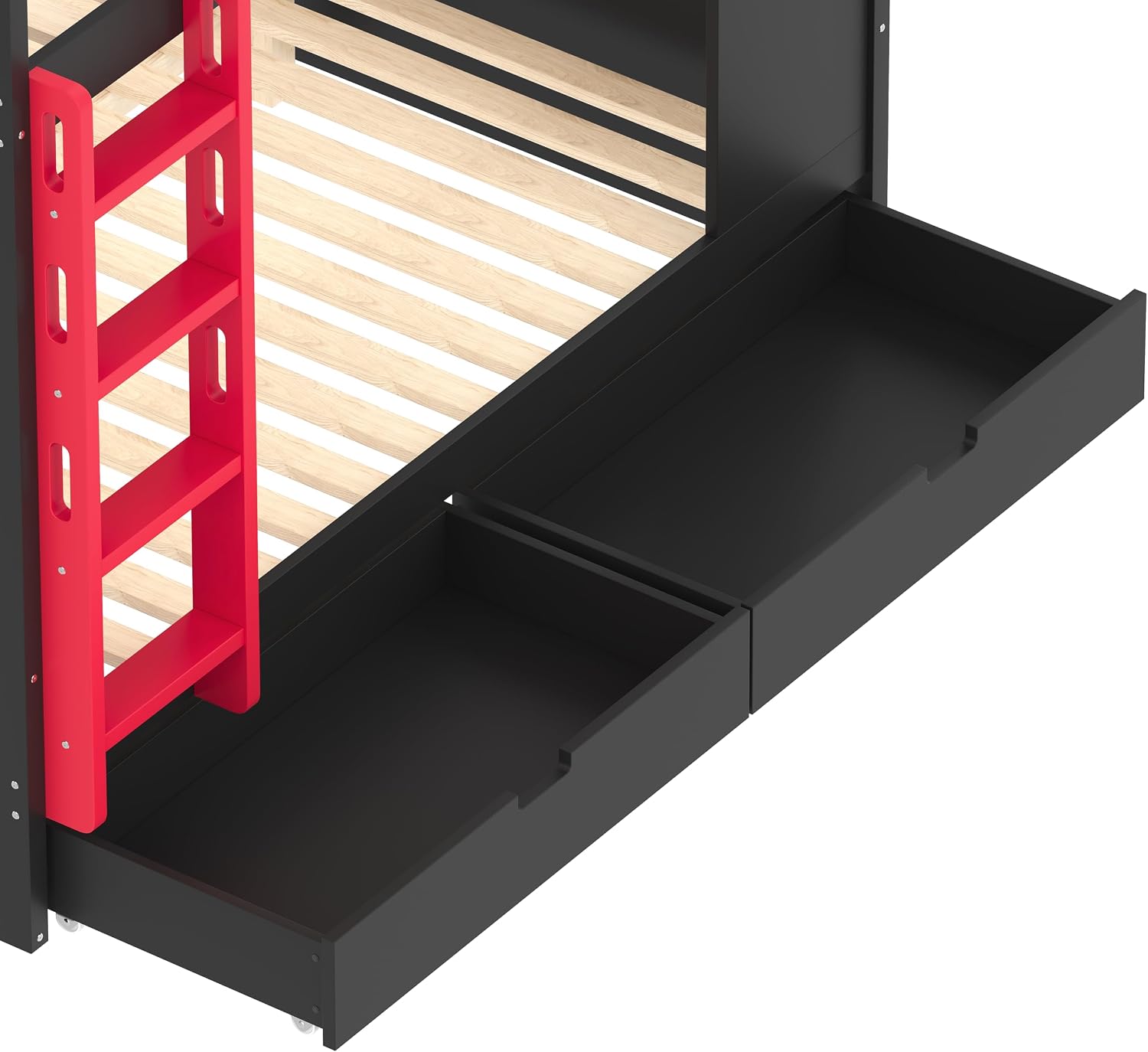 Queen Over Queen Bunk Bed with Storage Drawers, Hooks and Storage Shelves, Solid Wood Bunk Beds for Kids Teens, Bedroom Space-Saving Furniture (Black+Red/D)