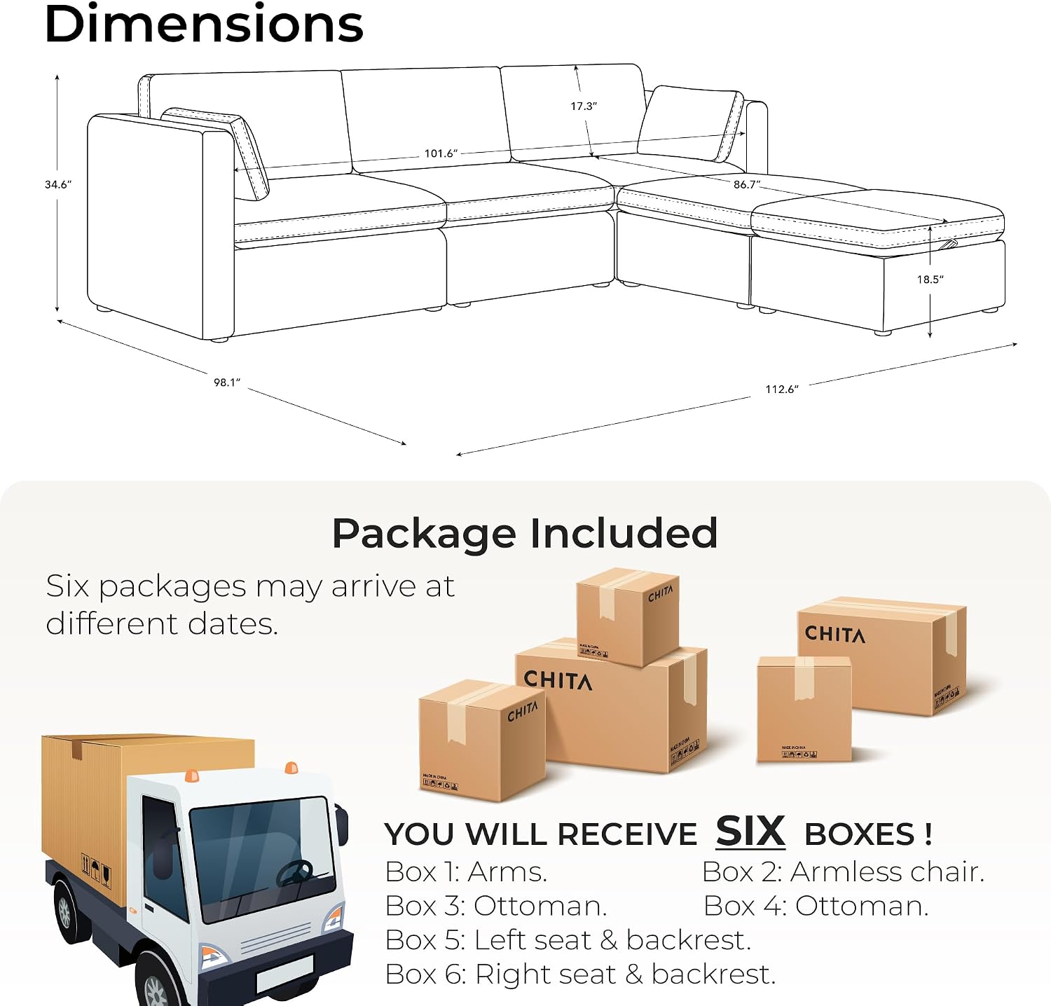 CHITA Oversized Modular Cloud Sectional Fabric Sofa Set, FSC Certified U Shaped Couch Reversible Chaise Modular Sectional Couch, 112 inch Width,5 Seat Modular Sofa Includes 2 Storage Ottomans, Grey