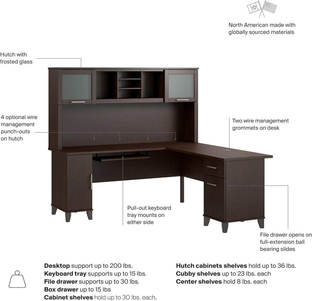 Bush Home 72-Inch L-Shaped Desk with Hutch, Corner Computer Office Desk with File and Box Drawers, Shelves and Storage Cabinet, Home Office Workstation, Somerset Collection, Mocha Cherry