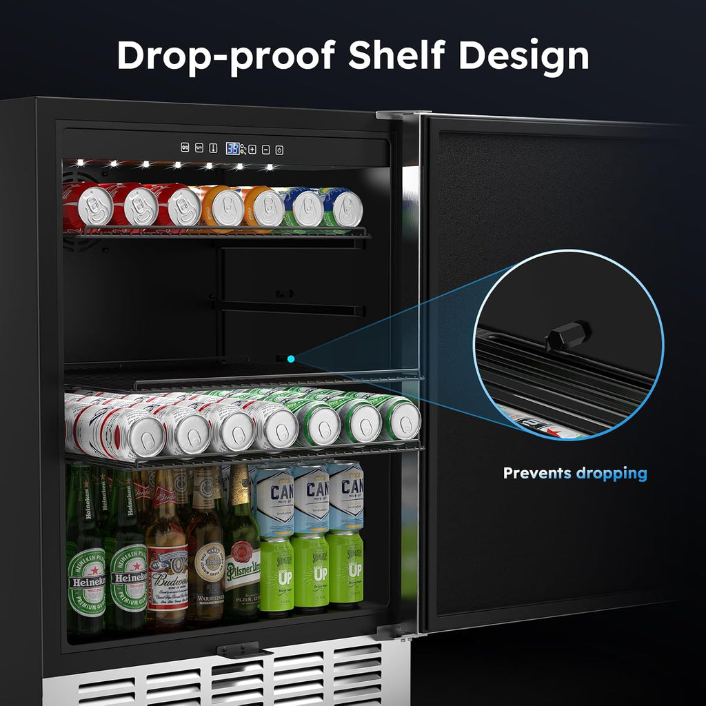 Mojgar 24 Inch Outdoor Beverage Fridge, Weather Proof Stainless Steel Beverage Cooler Under Counter Beer Fridge, Indoor/Outdoor Beverage Refrigerator for 190 Cans, Built-in/Freestanding (Foam Door)