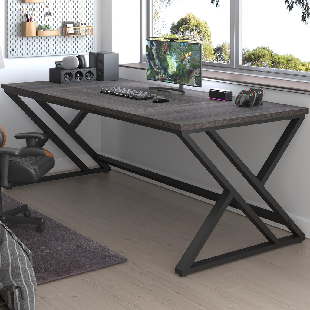 LVB 78.7 Long Executive Desk, Modern Large Computer Office Desk, Wood Metal Simple Pc Study Gaming Writing Table, Industrial Laptop Desk Workstation for Home Bedroom Living Room, Dark Gray, 78.7 Inch