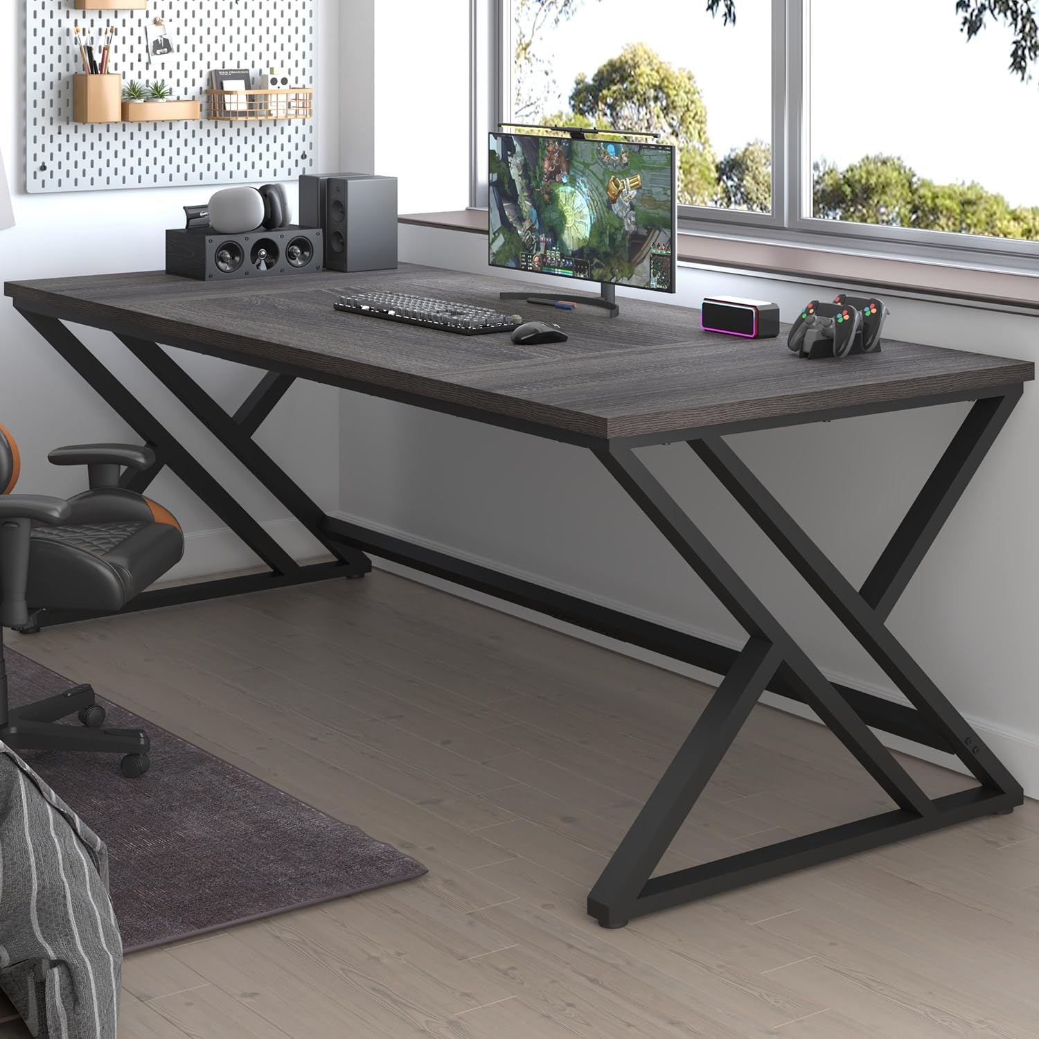 LVB 78.7 Long Executive Desk, Modern Large Computer Office Desk, Wood Metal Simple Pc Study Gaming Writing Table, Industrial Laptop Desk Workstation for Home Bedroom Living Room, Dark Gray, 78.7 Inch
