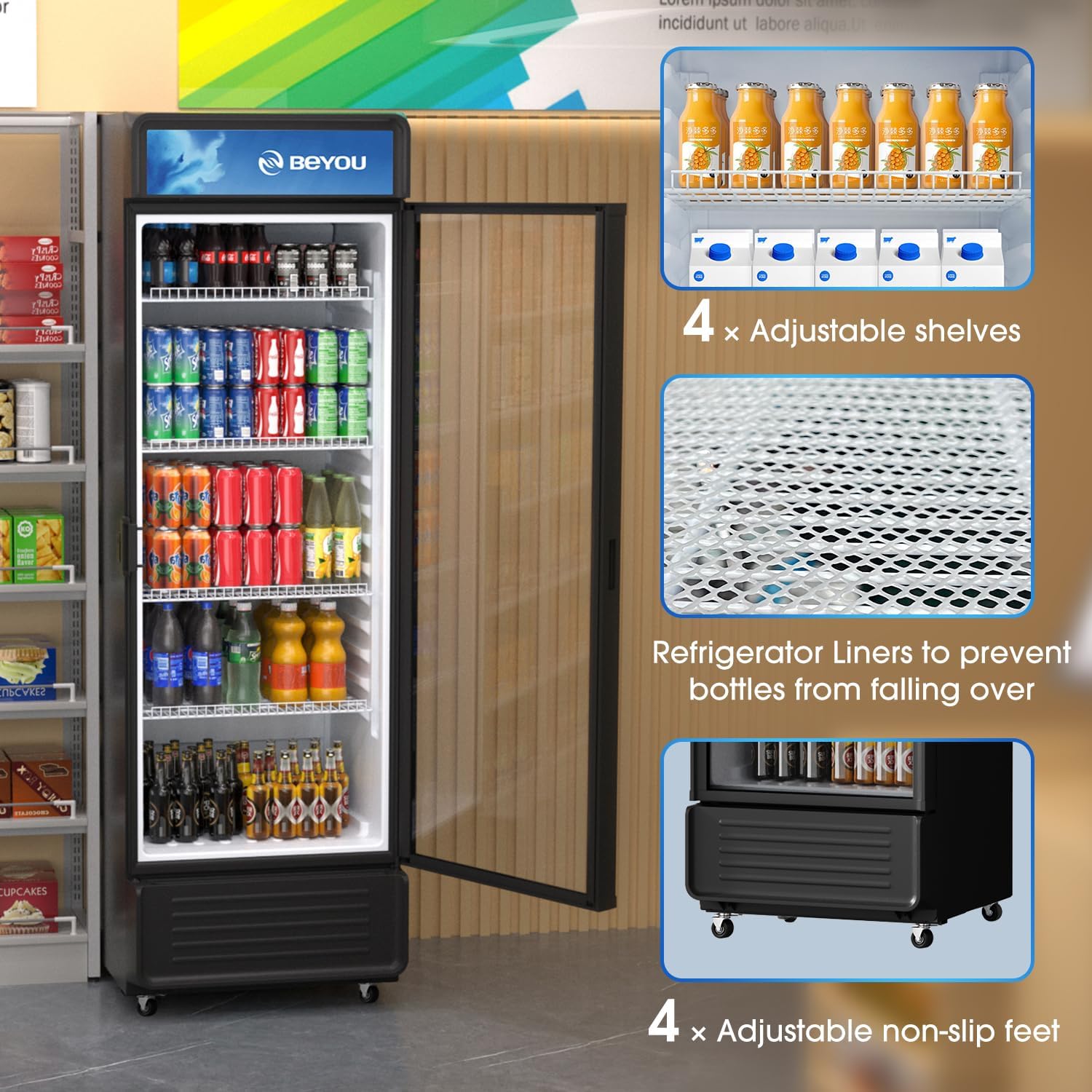 BEYOU Display Merchandiser Refrigerator, 13.3 cu. Ft Commercial Upright Beverage Fridge with single Glass Door, Drink Cooler for Living Room,Bar,Garage（Black）