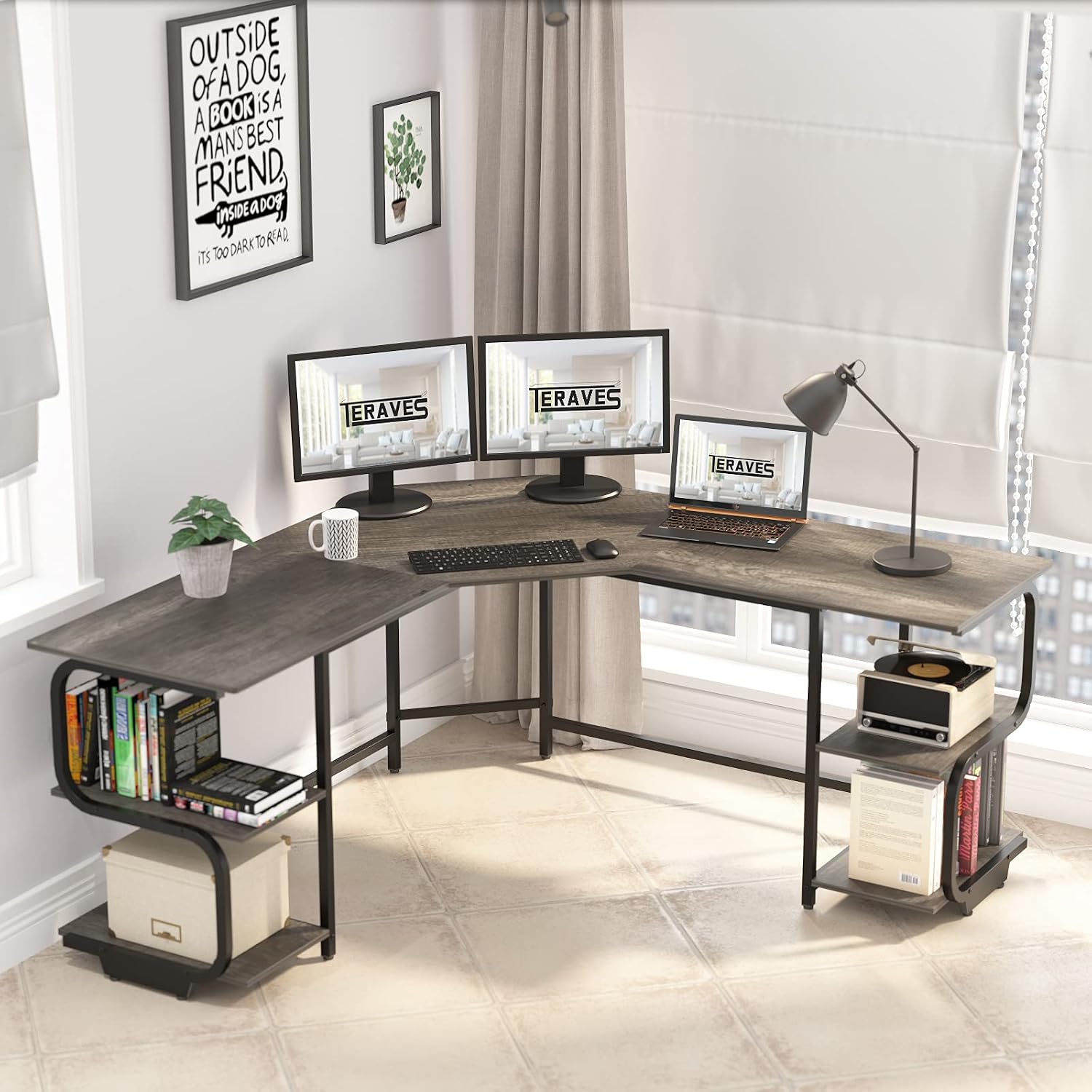 Teraves Modern L Shaped Desk with Shelves,64.84' Gaming Computer Desk for Home Office,Corner Desk with Desktop (Black Oak+Black Frame, Large+4 Tier Shelves)