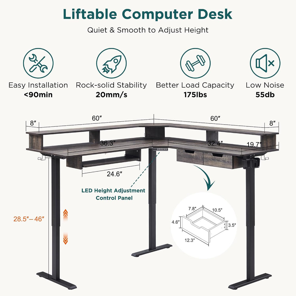 RedLemon 60 Inches L Shaped Electric Standing Desk,Height Adjustable Corner Gaming Desk with Drawers, Keyboard Tray, Power Outlets & LED Lights, Computer Desk with Monitor Shelf, Dark Rustic Oak