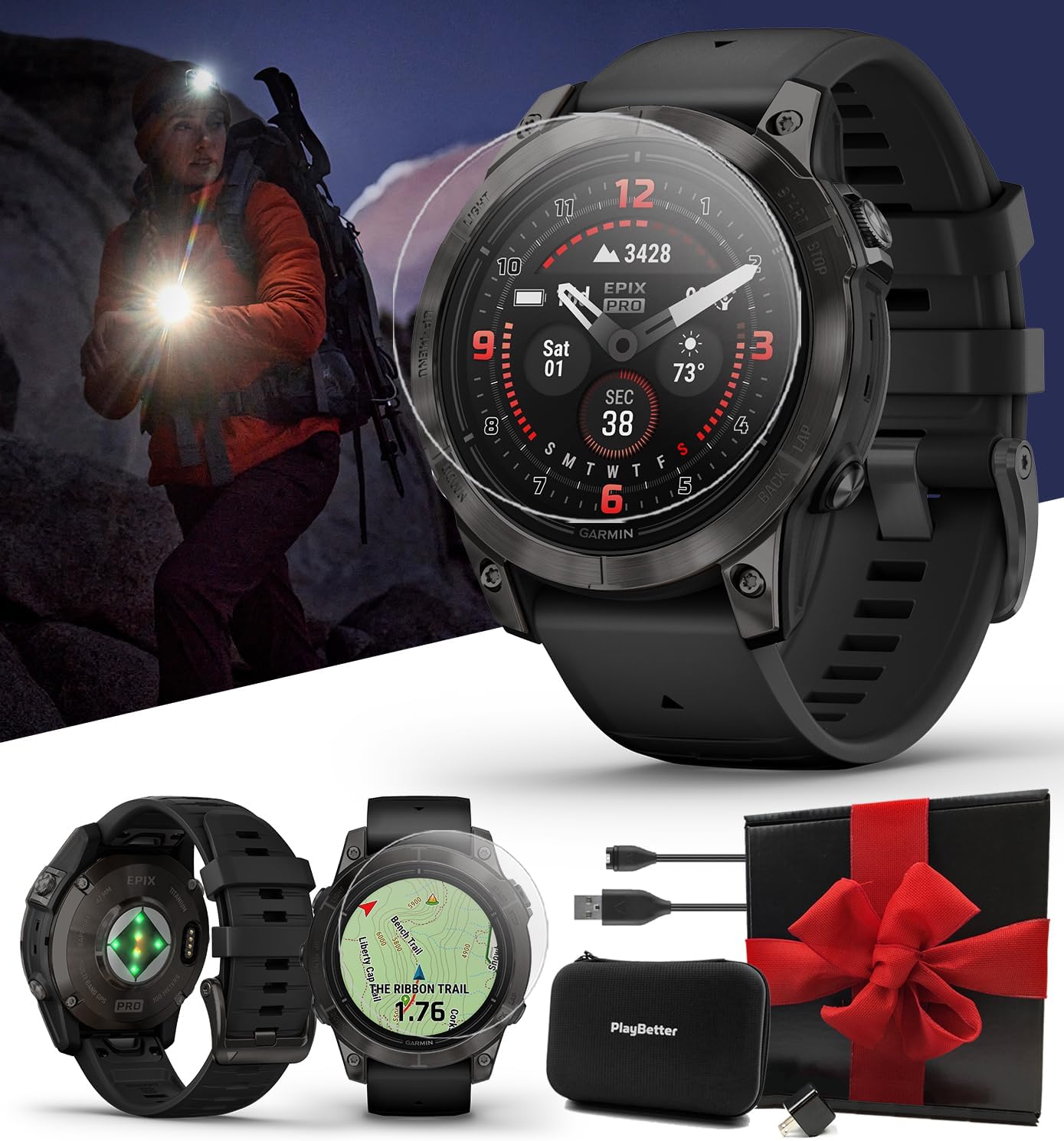 PlayBetter Garmin epix Pro (Gen 2) Sapphire (Carbon Gray DLC/Black, 47mm) GPS Outdoor Watch Gift Box Bundle - AMOLED Display & Built-in Flashlight - Includes Screen Protectors, Wall Adapter & Case