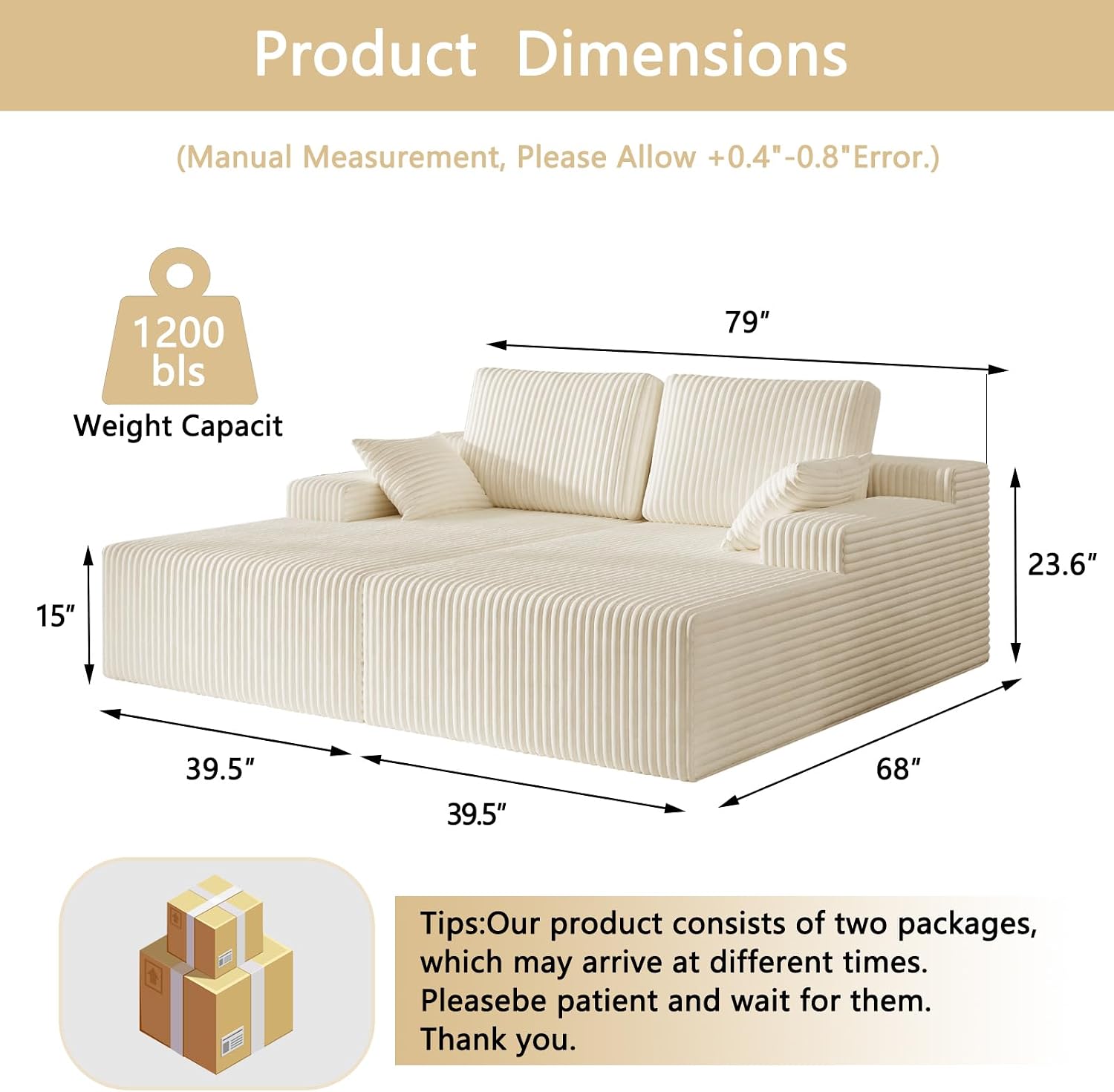 Modular Sectional Sofa, Boneless Couches for Living Room, L-Shape Sofa Couches,Cloud Couch Sectional, Comfy Corduroy Sofa, with Deep Seat, No Assembly Required (Beige, Loveseat Chaise)