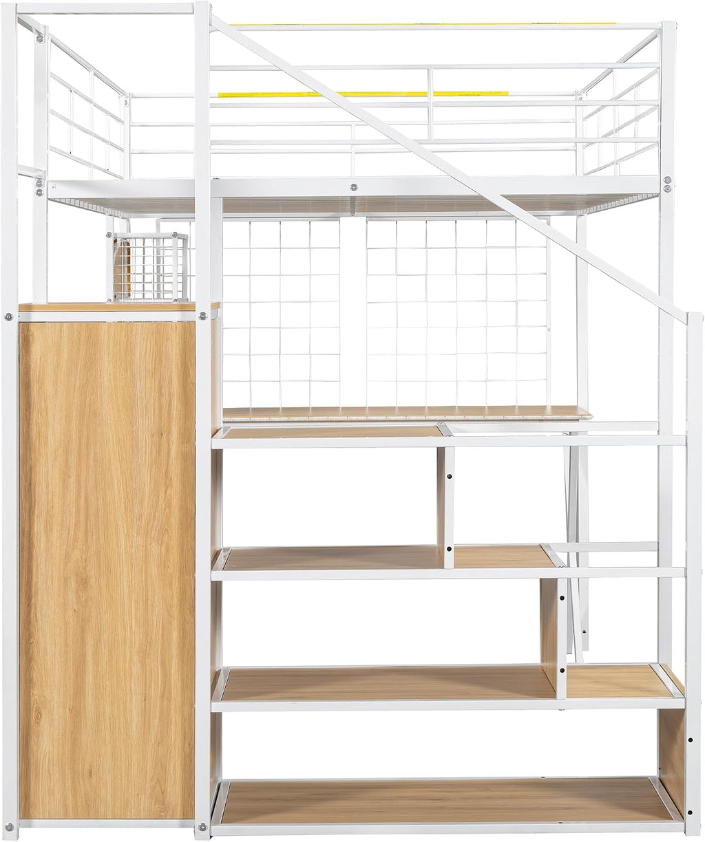 MERITLINE Full Gaming Loft Bed with Desk and Storage Wardrobe& LED RGB,Metal Gaming Bed with Stairs and Storage Case,for Adults Teens (White)