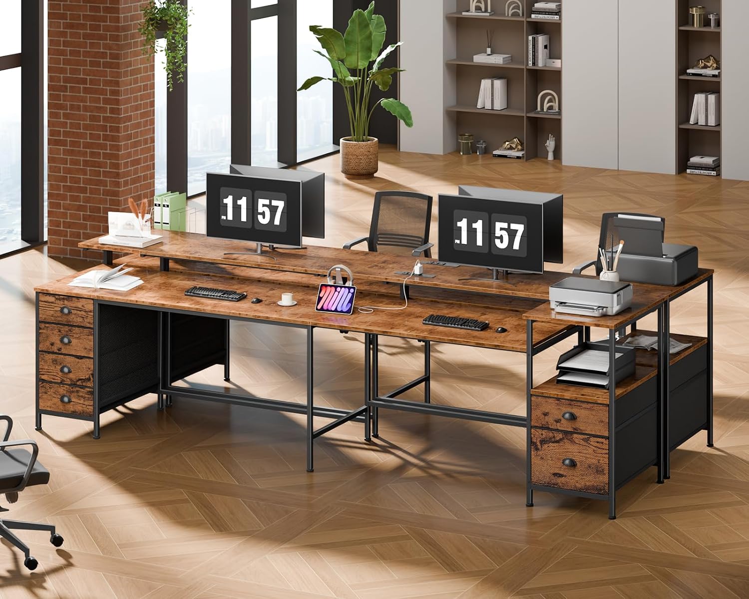 Furologee 95' Two Person Computer Gaming Desk, Long 2 Person Home Office Desk with 6 Drawers & Storage Shelves, Double Table with Power Outlets, LED Lights and Full Monitor Shelf, Rustic Brown