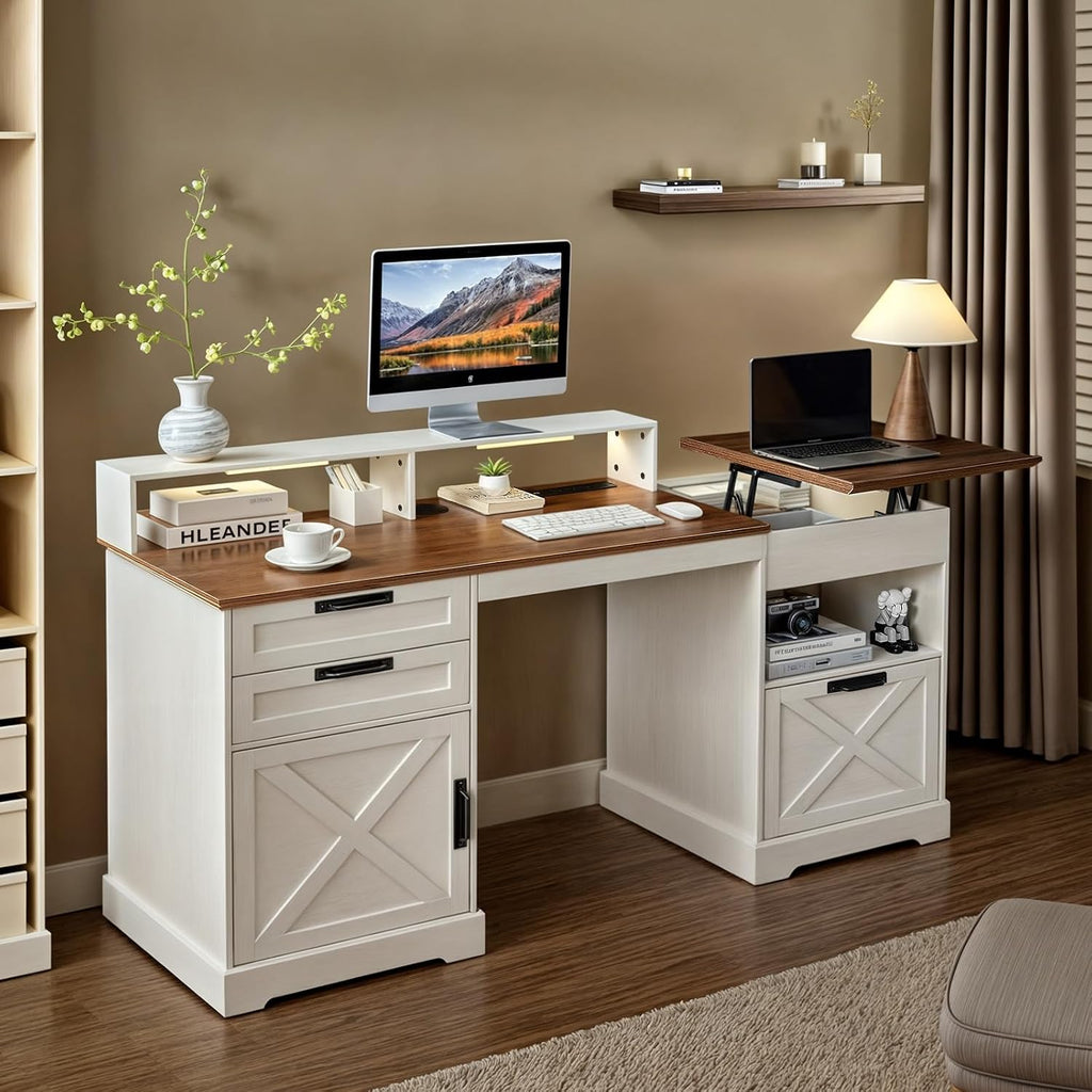 Executive Desk with File Storage Drawer, 63' Lift Top Farmhouse Home Office Gaming Desk with Charging Station, 3 Drawers Sensor Lights Wood Computer Table with Monitor Stand, Antique White