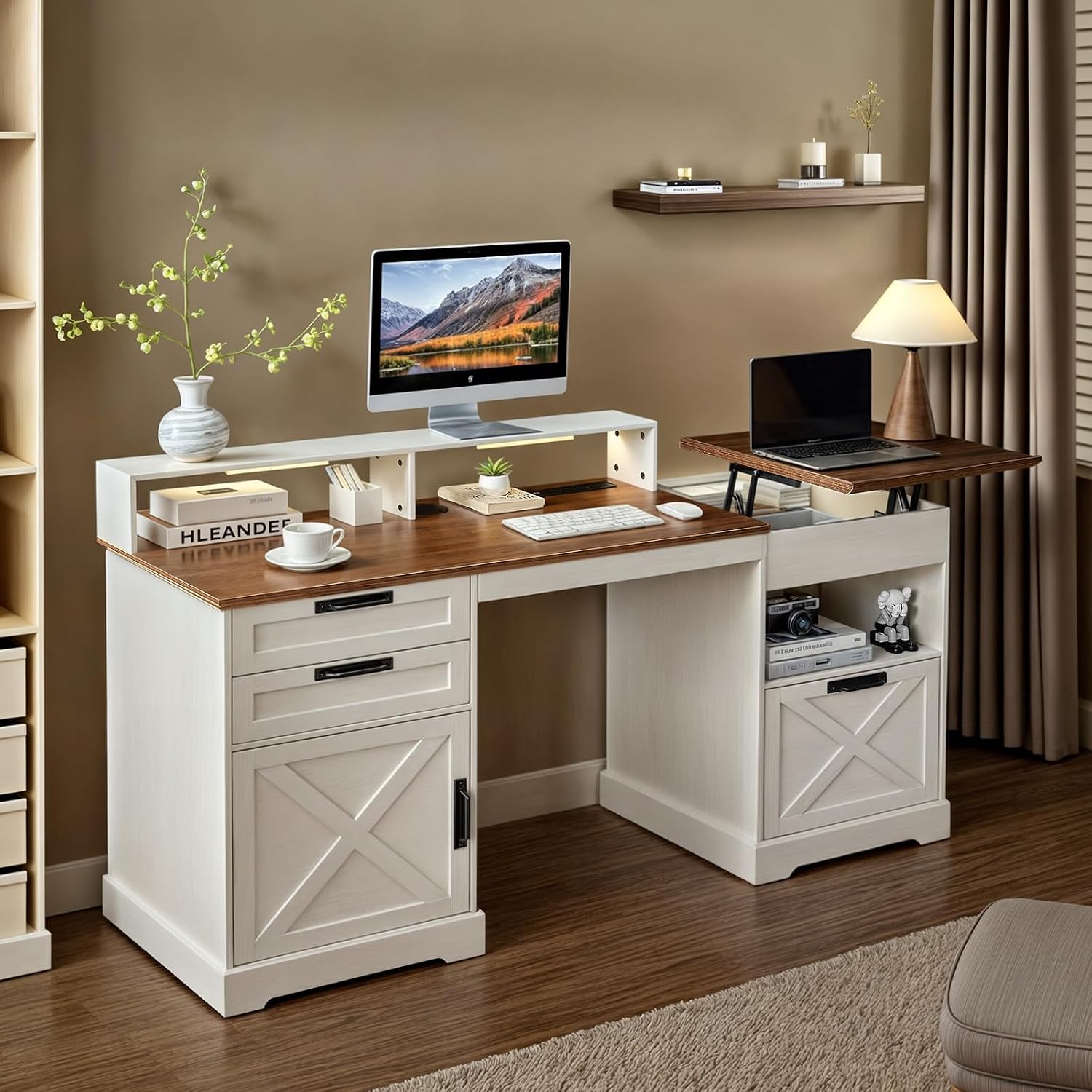 Executive Desk with File Storage Drawer, 63' Lift Top Farmhouse Home Office Gaming Desk with Charging Station, 3 Drawers Sensor Lights Wood Computer Table with Monitor Stand, Antique White