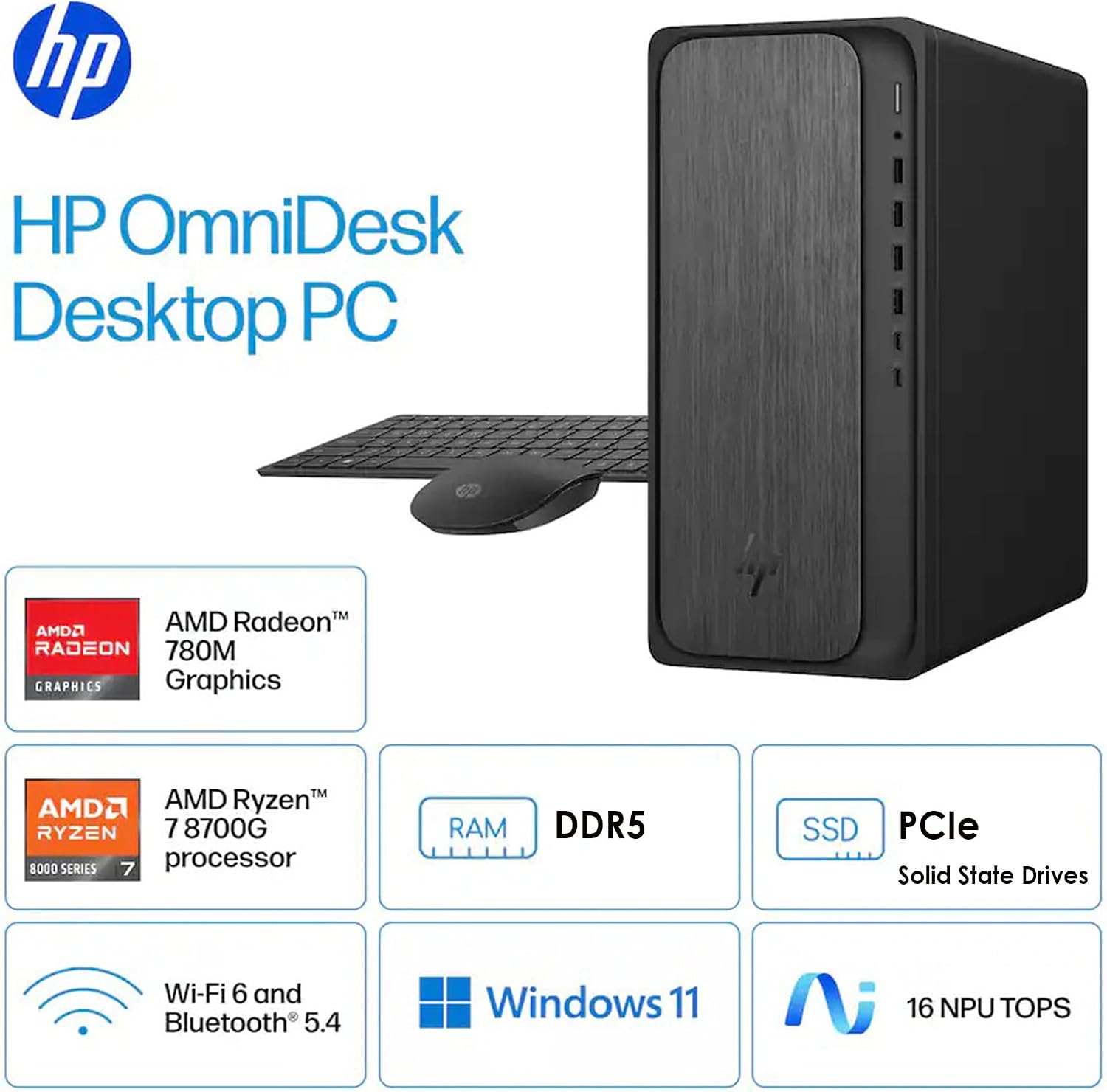 HP OmniDesk Desktop, AI PC w/ 16 NPU Tops, 8-Core AMD Ryzen 7-8700G CPU (upto 5.1GHz), 32GB DDR5 RAM, 2TB SSD, USB-C, Wi-Fi 6, Dual Monitor Support, Bluetooth, Windows 11 Pro, Wireless Keyboard &Mouse