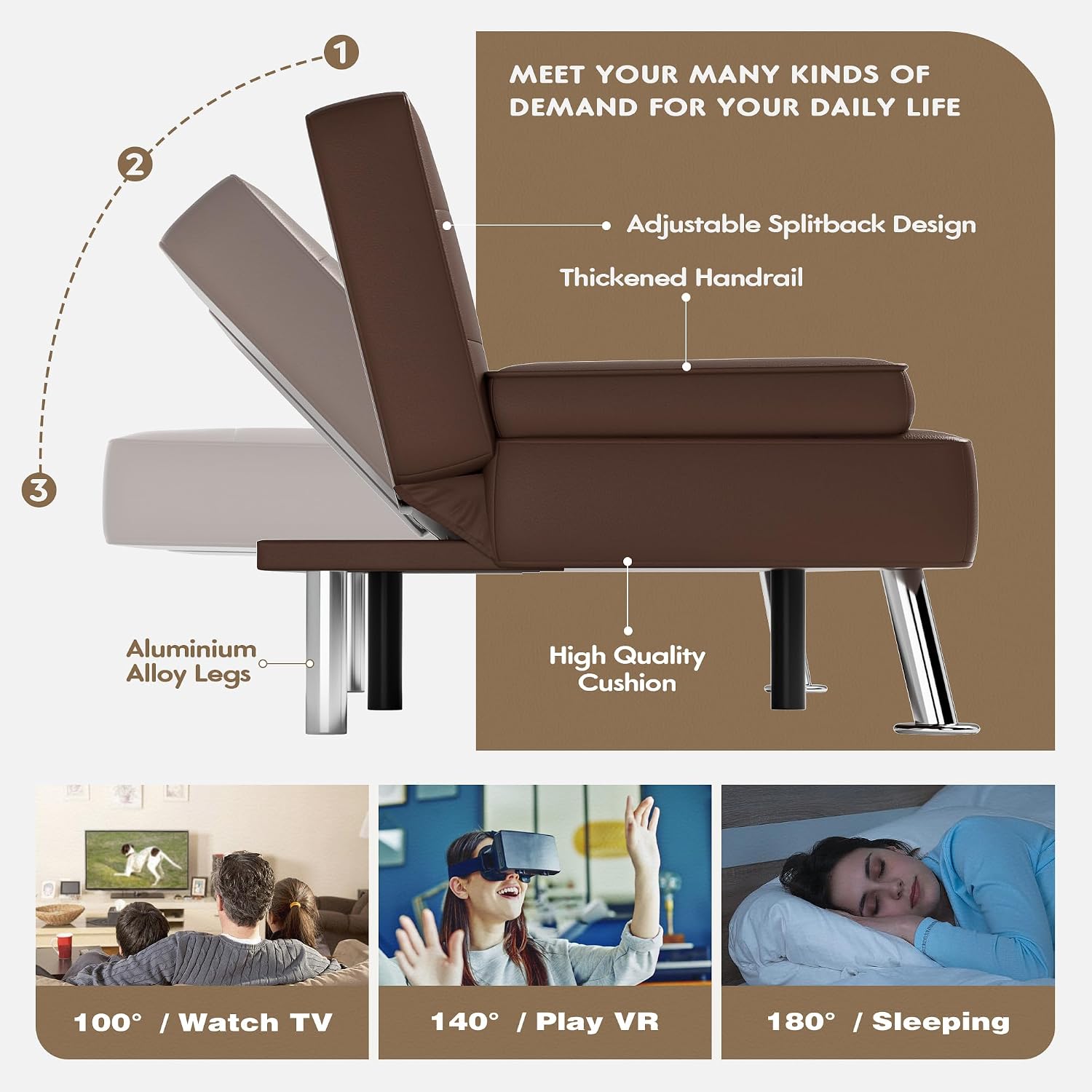 Homall Futon Sofa Bed, Leather Futon Couch with Removable Armrests, Adjustable Recliner Sleeper Sofa Bed with Dual Cup Holders for Living Room, Apartment, Office (Brown)