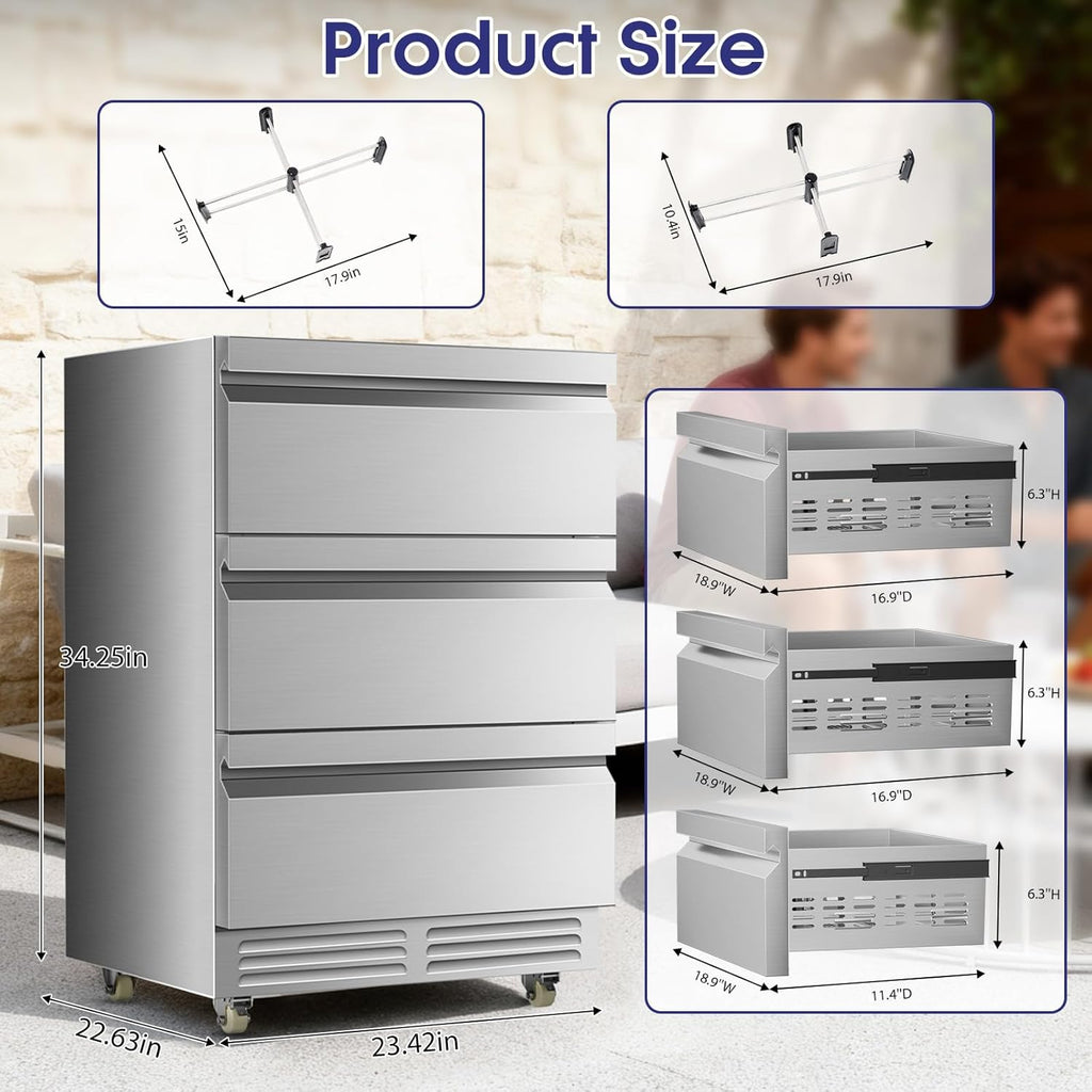 Tylza 3 Drawers Beverage Refrigerator, 190 Cans 24'' Beverage Fridge with Wheels, Outdoor Waterproof, All Stainless Steel Body, Undercounter or Freestanding, Drink Fridge for Home, Patio & Commercial