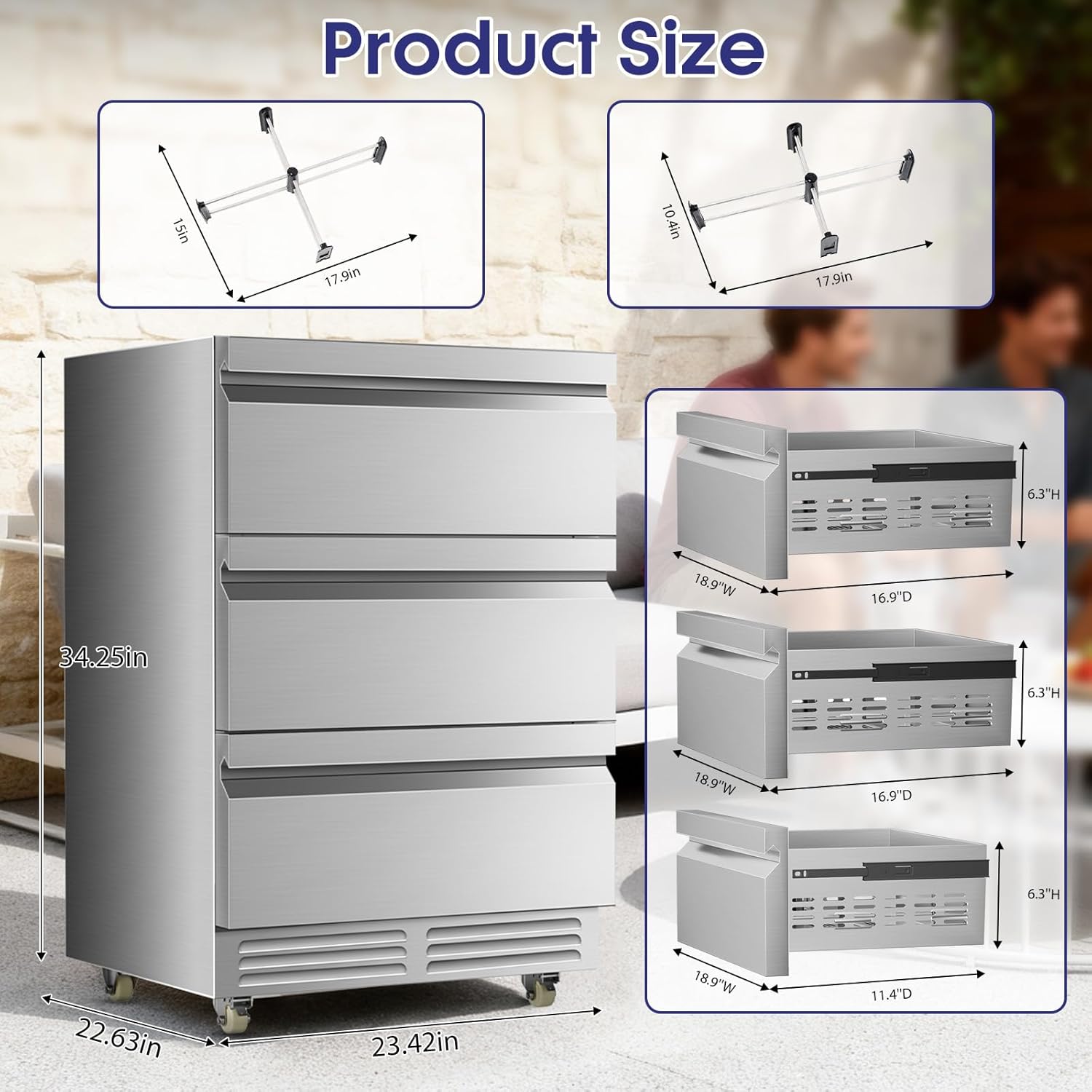 Tylza 3 Drawers Beverage Refrigerator, 190 Cans 24'' Beverage Fridge with Wheels, Outdoor Waterproof, All Stainless Steel Body, Undercounter or Freestanding, Drink Fridge for Home, Patio & Commercial