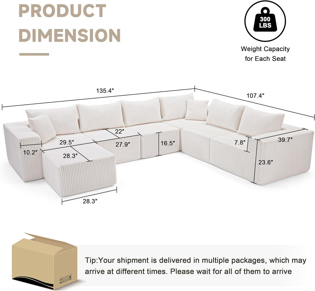 Boneless Couch, Cloud Couch Sectional, Modular Sofa with Deep Seat, Convertible Sectional Couches for Living Room, Plush Corduroy U Shaped Boneless Couch (Beige, 6 Seater & 1 Ottoman)