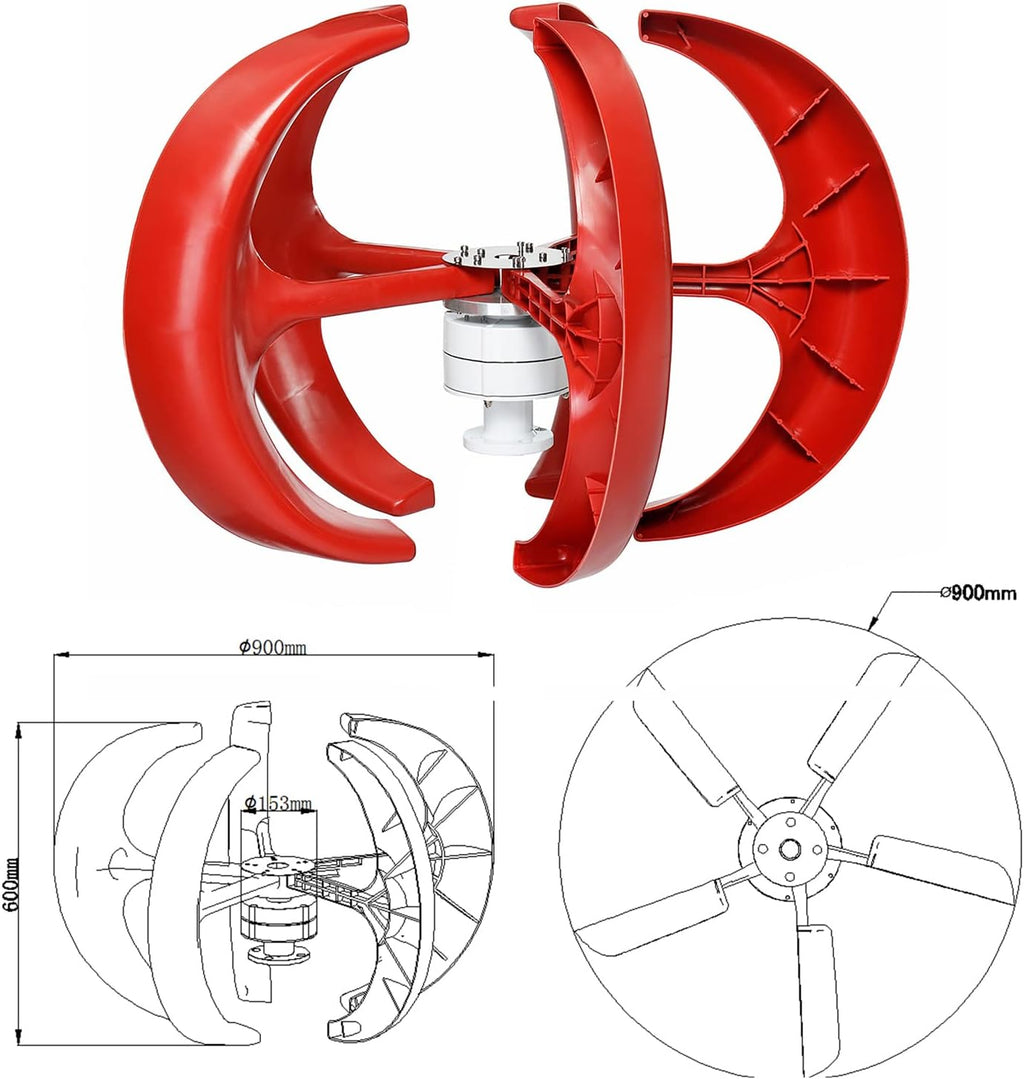 3000W Vertical Wind Turbine Generator Kit, 12V 24V 48V 5 Blades Wind Turbines Generator with MPPT Controller Kit for Home Hybrids Streetlight (Red)