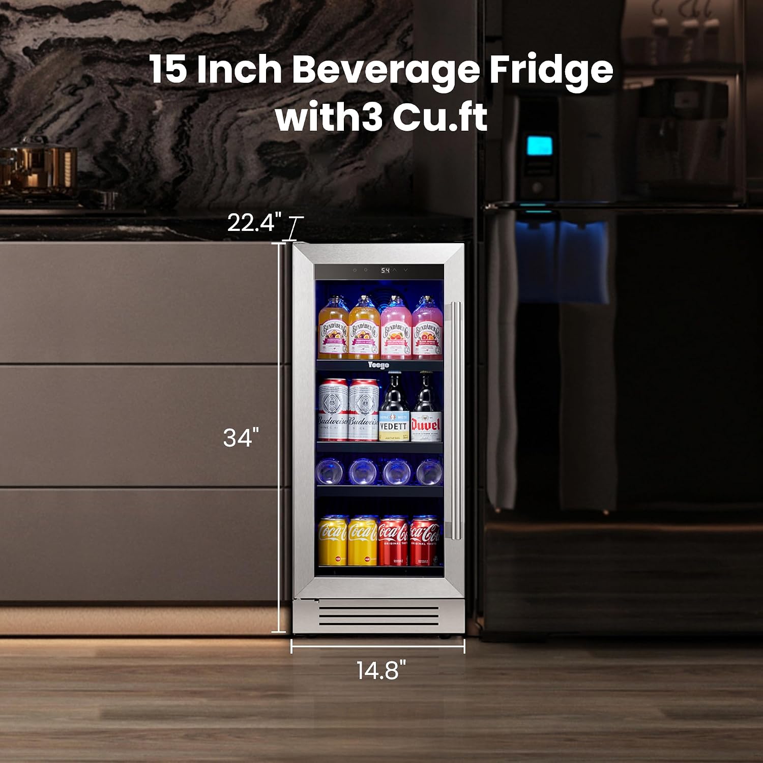Yeego 15 Inch Beverage Refrigerator, Beverage Cooler Stainless Steel Refrigerator Built-in or Freestanding, Small Wine Fridge with Glass Door, Drink Fridge for Beer, Soda, Wine (Left-Hinged)