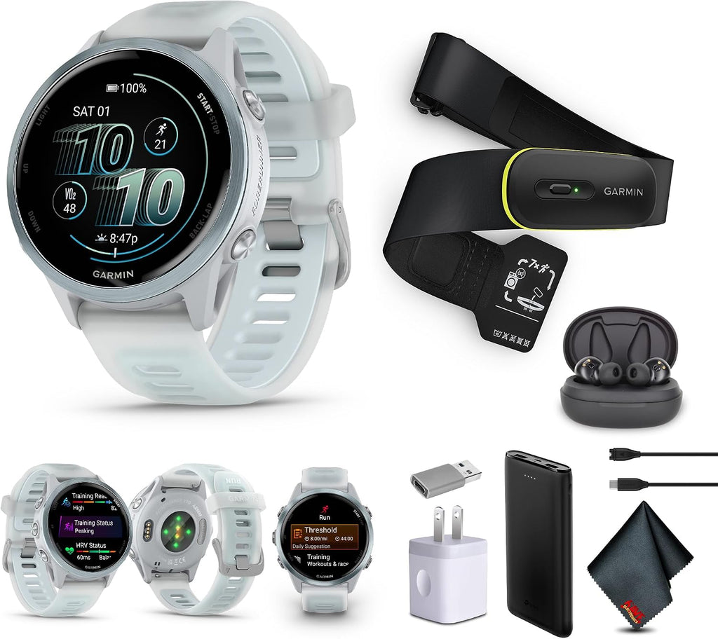 Garmin Forerunner 570 Running Smartwatch, 42MM WiFi, GPS Fitness Watch for Men and Women, Cloud Blue Aluminum with Translucent Whitestone/Cloud Blue Band + Access 600 Fitness Monitor XS-S + More