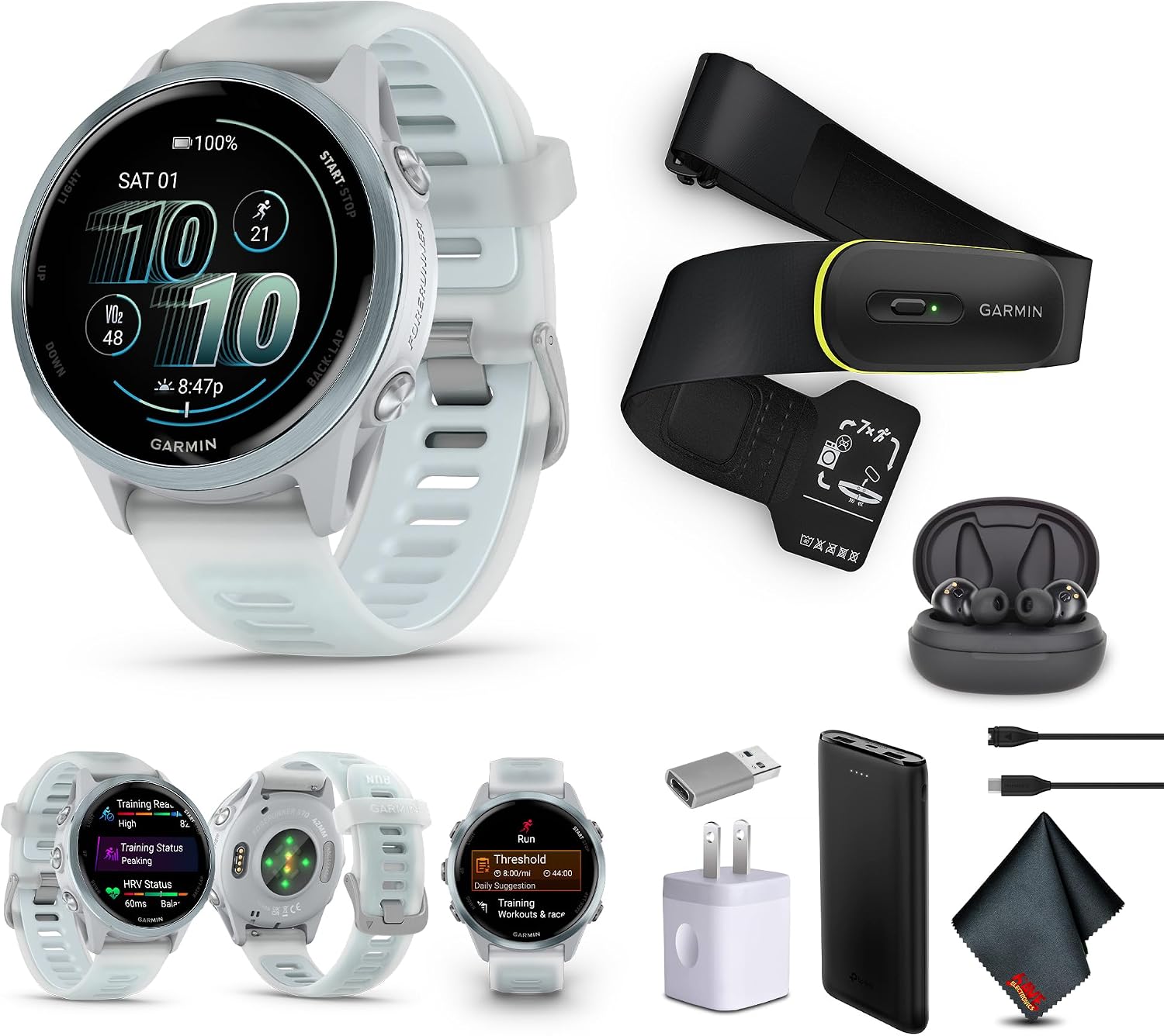 Garmin Forerunner 570 Running Smartwatch, 42MM WiFi, GPS Fitness Watch for Men and Women, Cloud Blue Aluminum with Translucent Whitestone/Cloud Blue Band + Access 600 Fitness Monitor XS-S + More