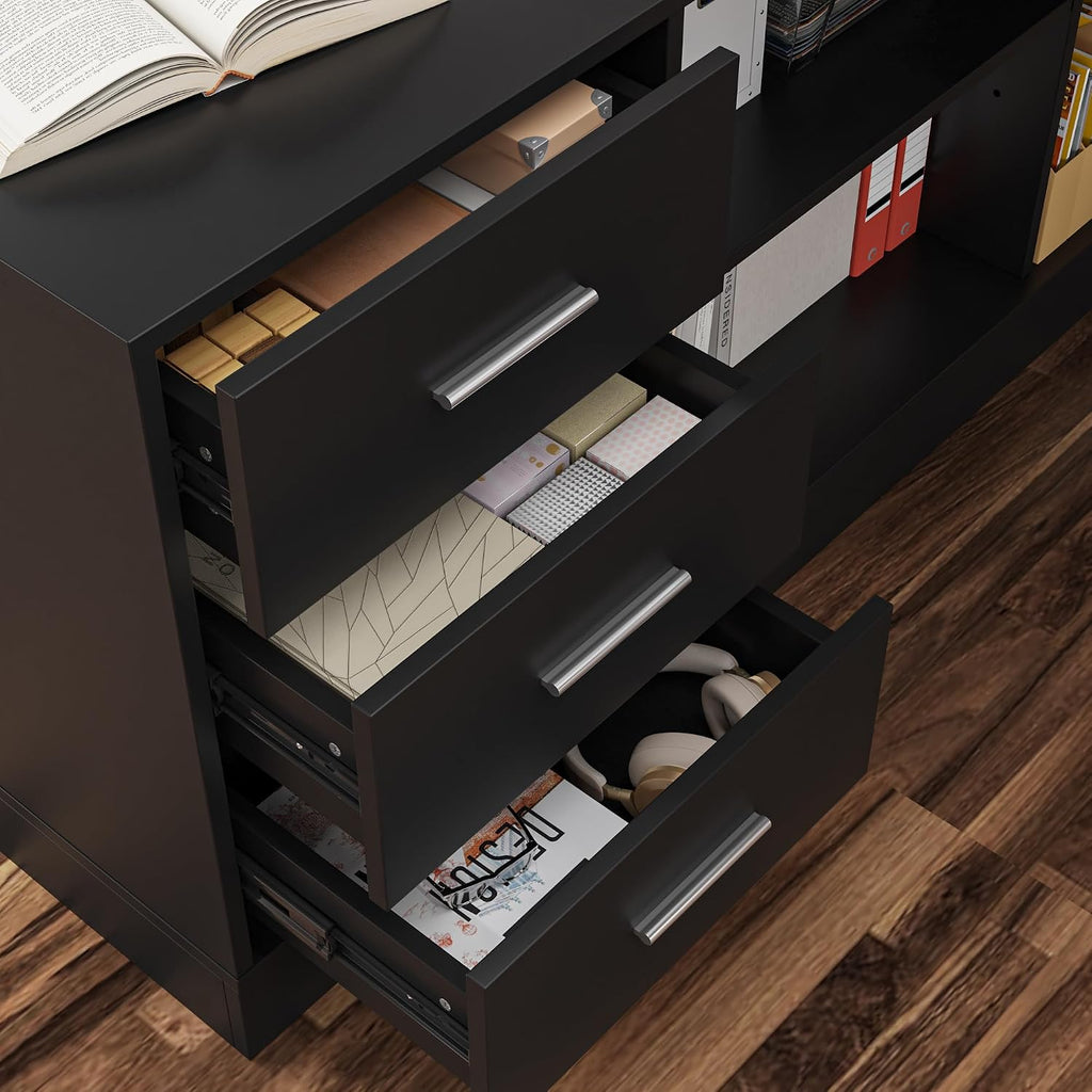 Homsee Home Office L Shaped Electric Standing Desk with Drawers and Shelves, Height Adjustable & Shape Reversible Stand up Desk, 63' Computer Executive Corner Table, Black