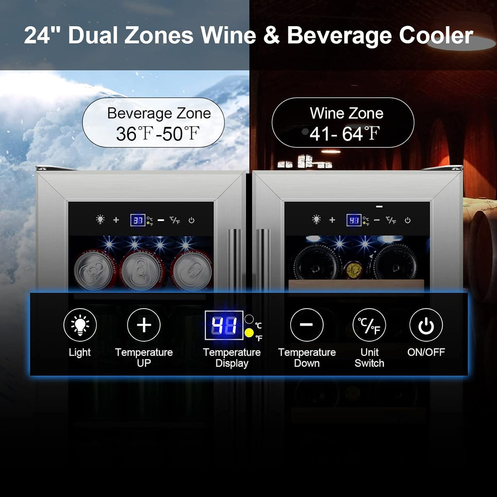 Tylza Wine and Beverage Refrigerator, 24 Inch Dual Zone Wine Fridge, Holds 18 Bottles and 88 Count, French Doors, Lock, Under-counter or Freestanding Wine Cooler, Beverage Fridge with Tempered Glass