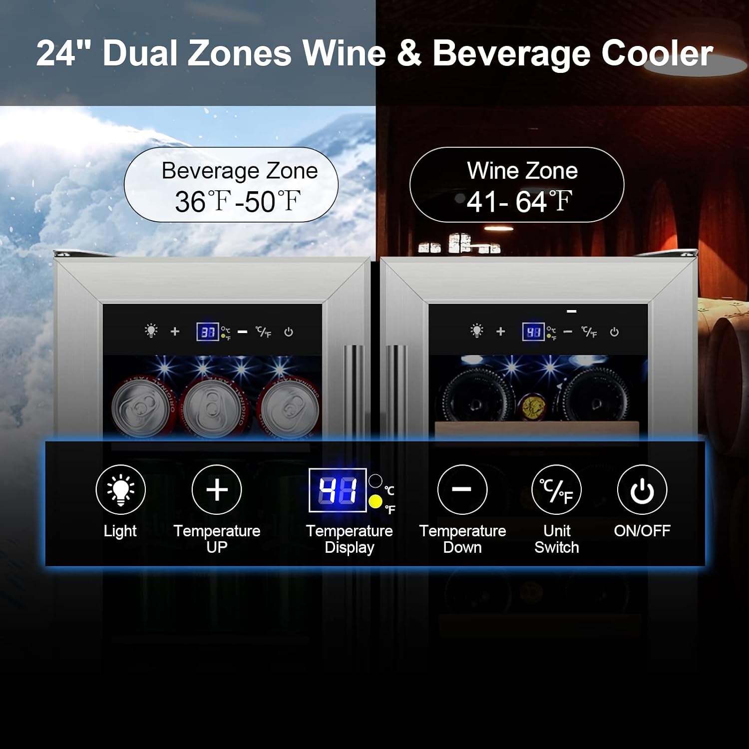 Tylza Wine and Beverage Refrigerator, 24 Inch Dual Zone Wine Fridge, Holds 18 Bottles and 88 Count, French Doors, Lock, Under-counter or Freestanding Wine Cooler, Beverage Fridge with Tempered Glass