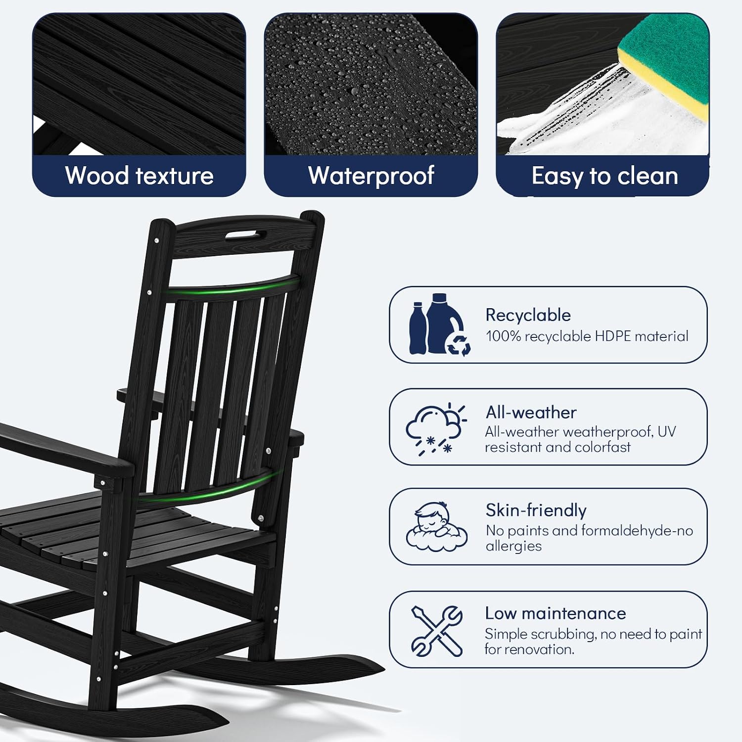 Plawdlik Oversized Rocking Chair,HDPE All-Weather Outdoor Rocking Chair,Patio Rocking Chairs for Porch.Black