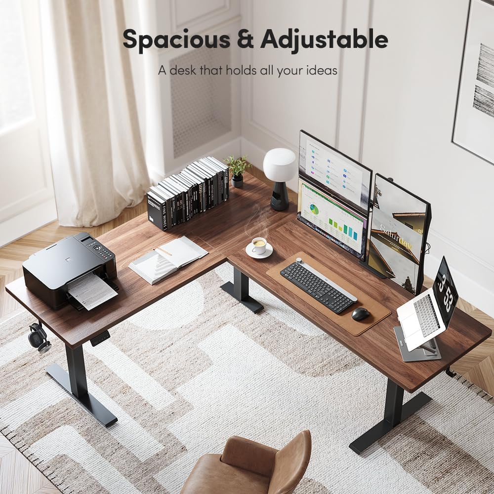 FEZIBO 75x63 L Shaped Standing Desk, Electric Height Adjustable L Shaped Desk, Suitable for Home Office, Black Walnut