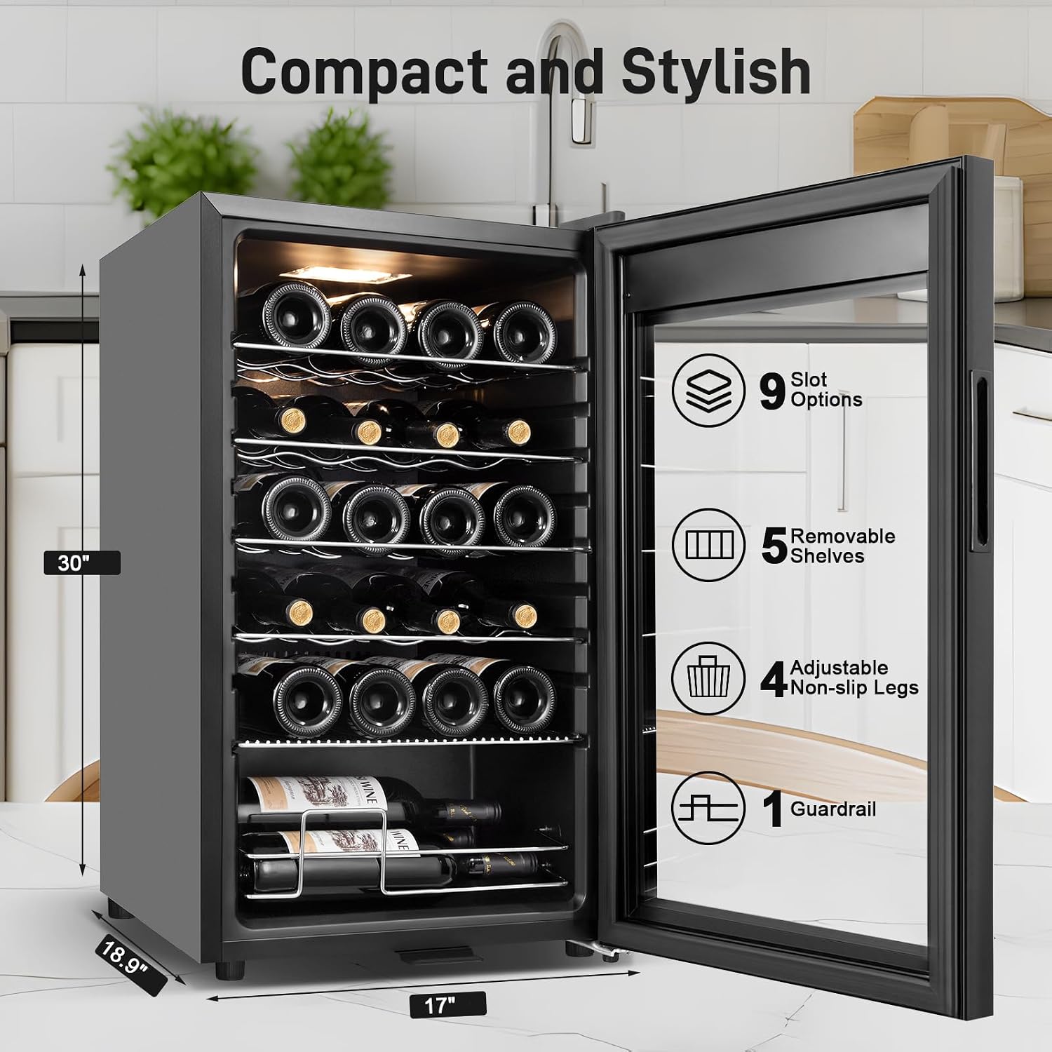 Tylza 24 Bottles Wine Fridge, Wine Cellar with Powerful Compressor, LED Touchscreen, Low-E Tempered Glass Door, Lock, Wine Cooler Refrigerator for Red, White, Champagne or Sparkling Wine, Black